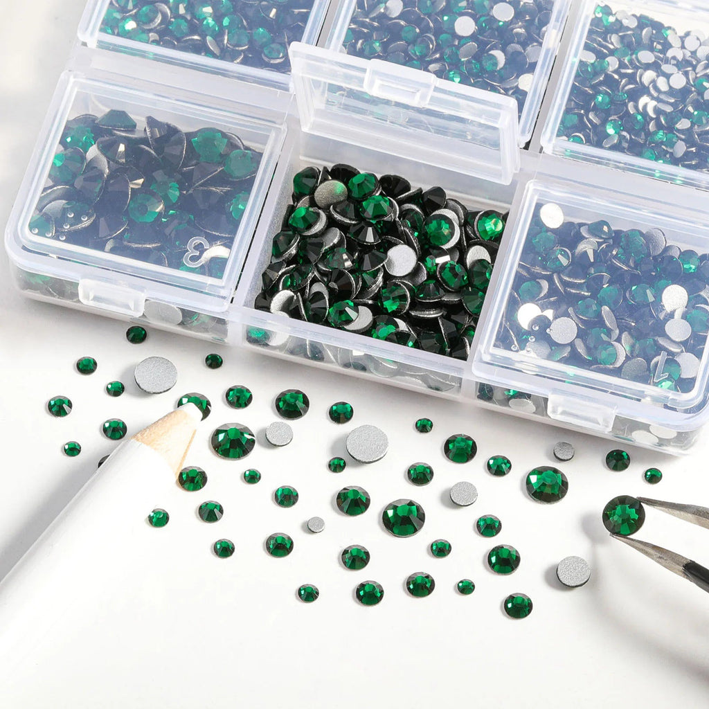 4300pcs Flatback Rhinestones, Nail Gems Round Crystal Rhinestones for Crafts,Mixed 6 Sizes with Picking Tweezers and Wax Pencil Kit- Emerald