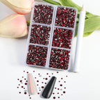 7200pcs Flatback Rhinestones,Nail Gems Round Crystal Rhinestones for Crafts,Mixed 6 Sizes with Wax Pencil Kit, SS3-SS10- Dark Siam