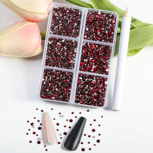 7200pcs Flatback Rhinestones,Nail Gems Round Crystal Rhinestones for Crafts,Mixed 6 Sizes with Wax Pencil Kit, SS3-SS10- Dark Siam