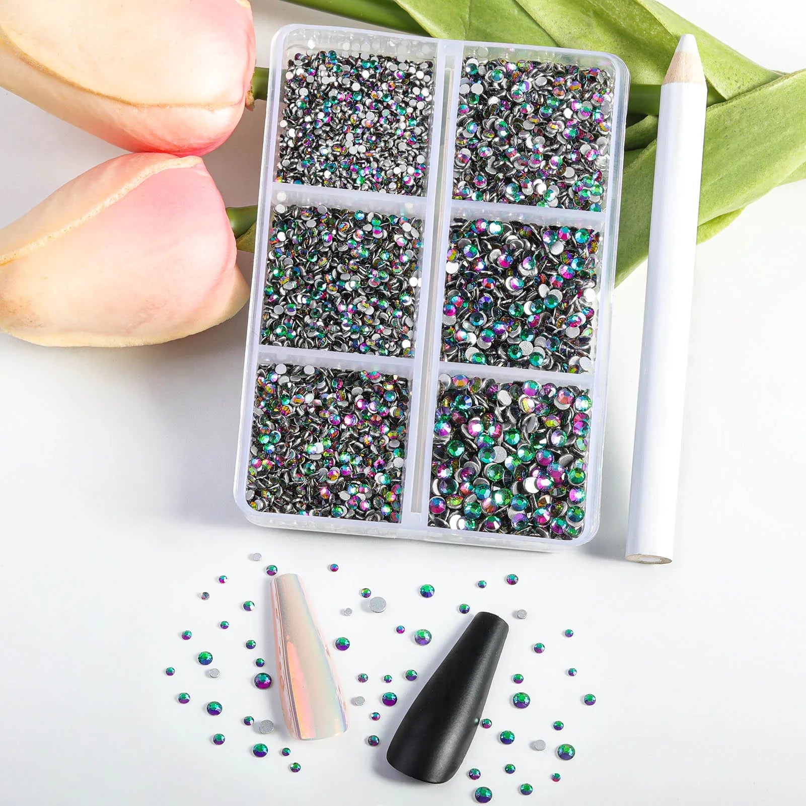 7200pcs Flatback Rhinestones,Nail Gems Round Crystal Rhinestones for Crafts,Mixed 6 Sizes with Wax Pencil Kit, SS3-SS10- Green Volcano