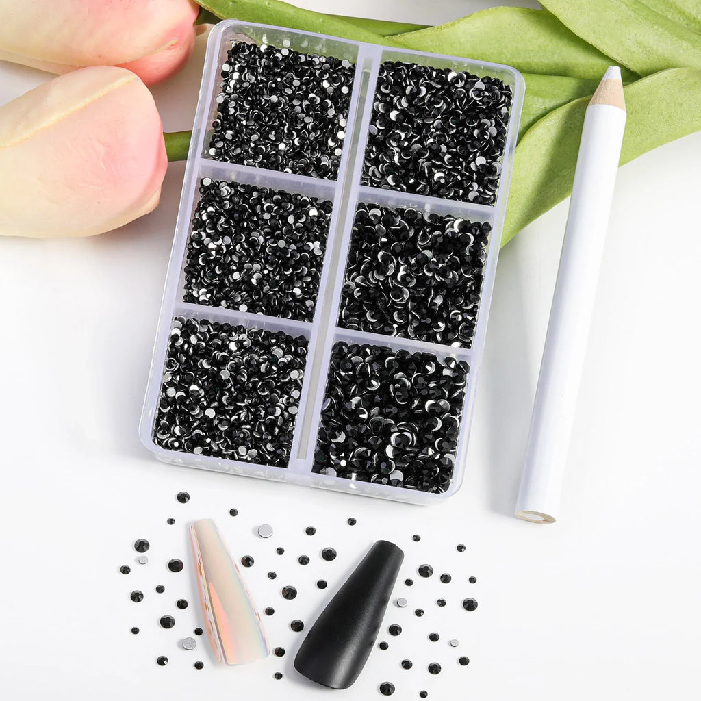 7200pcs Flatback Rhinestones,Nail Gems Round Crystal Rhinestones for Crafts,Mixed 6 Sizes with Wax Pencil Kit, SS3-SS10- Black