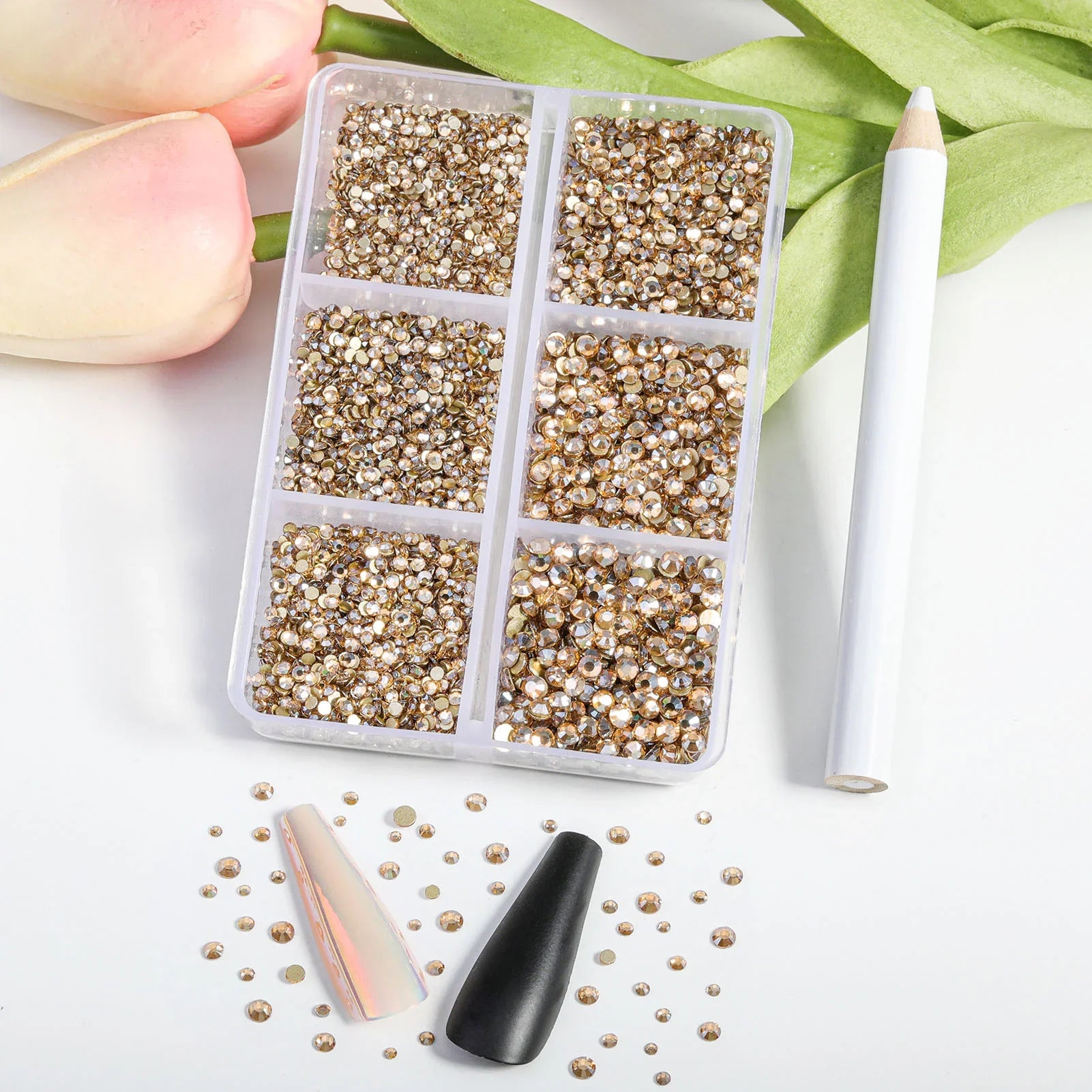 7200pcs Flatback Rhinestones,Nail Gems Round Crystal Rhinestones for Crafts,Mixed 6 Sizes with Wax Pencil Kit, SS3-SS10- Golden Shadow