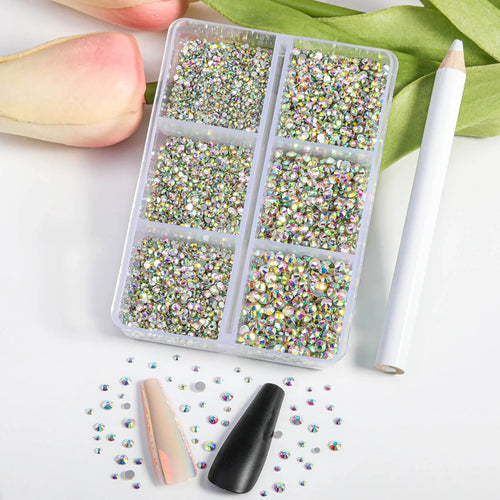 7200pcs Flatback Rhinestones,Nail Gems Round Crystal Rhinestones for Crafts,Mixed 6 Sizes with Wax Pencil Kit, SS3-SS10- Crystal AB