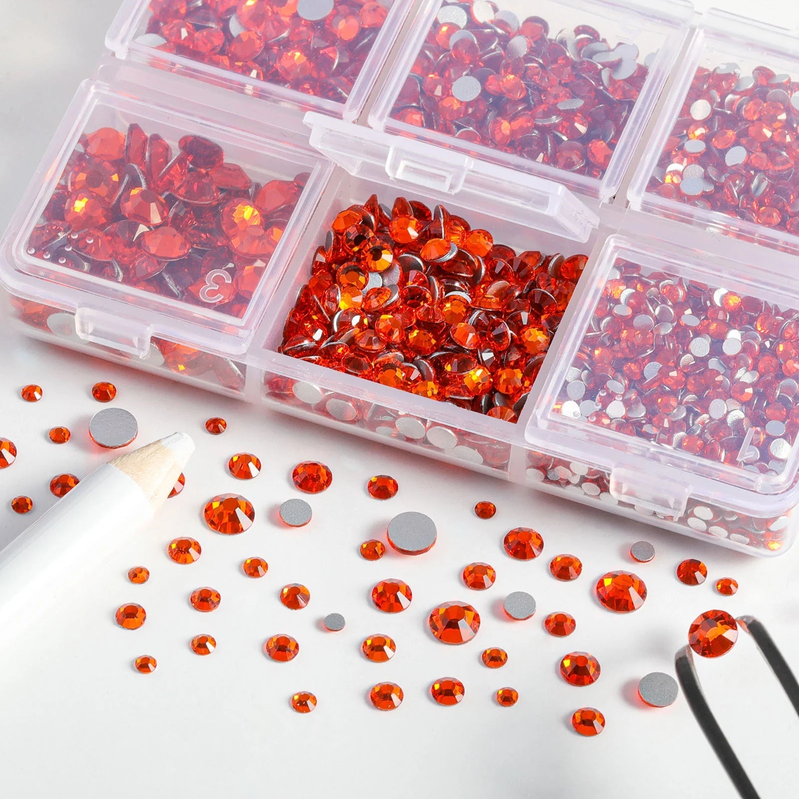 4300pcs Flatback Rhinestones, Nail Gems Round Crystal Rhinestones for Crafts,Mixed 6 Sizes with Picking Tweezers and Wax Pencil Kit- Orange