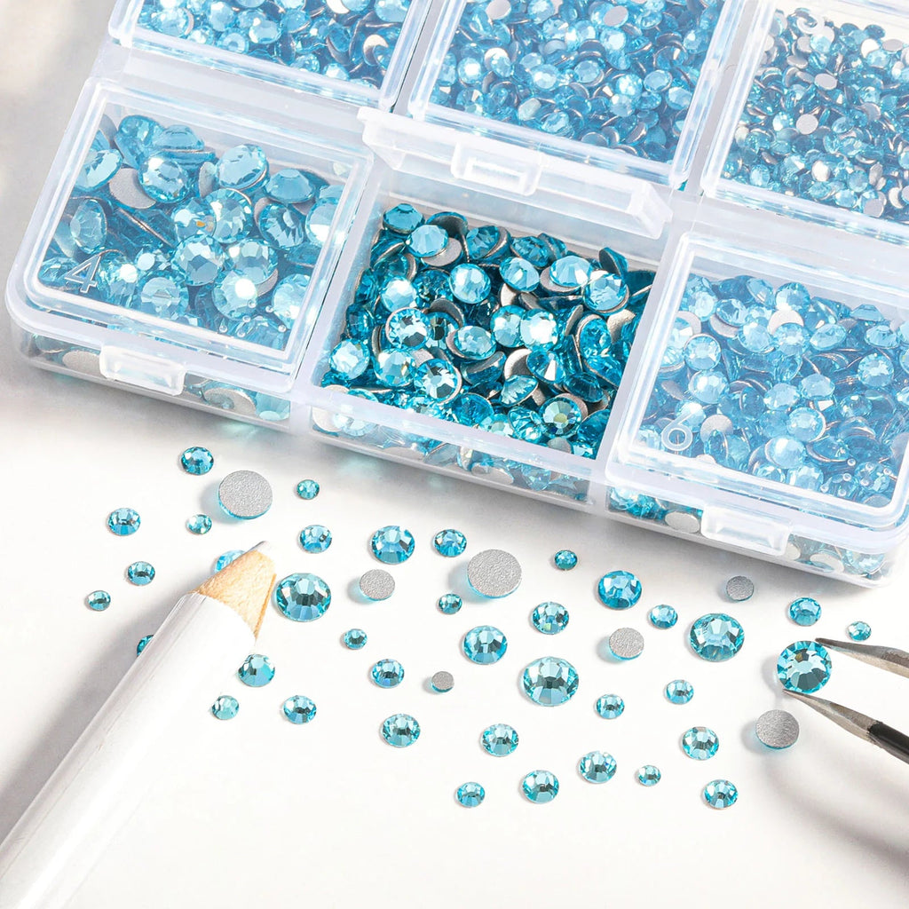 4300pcs Flatback Rhinestones, Nail Gems Round Crystal Rhinestones for Crafts,Mixed 6 Sizes with Picking Tweezers and Wax Pencil Kit- Aquamarine