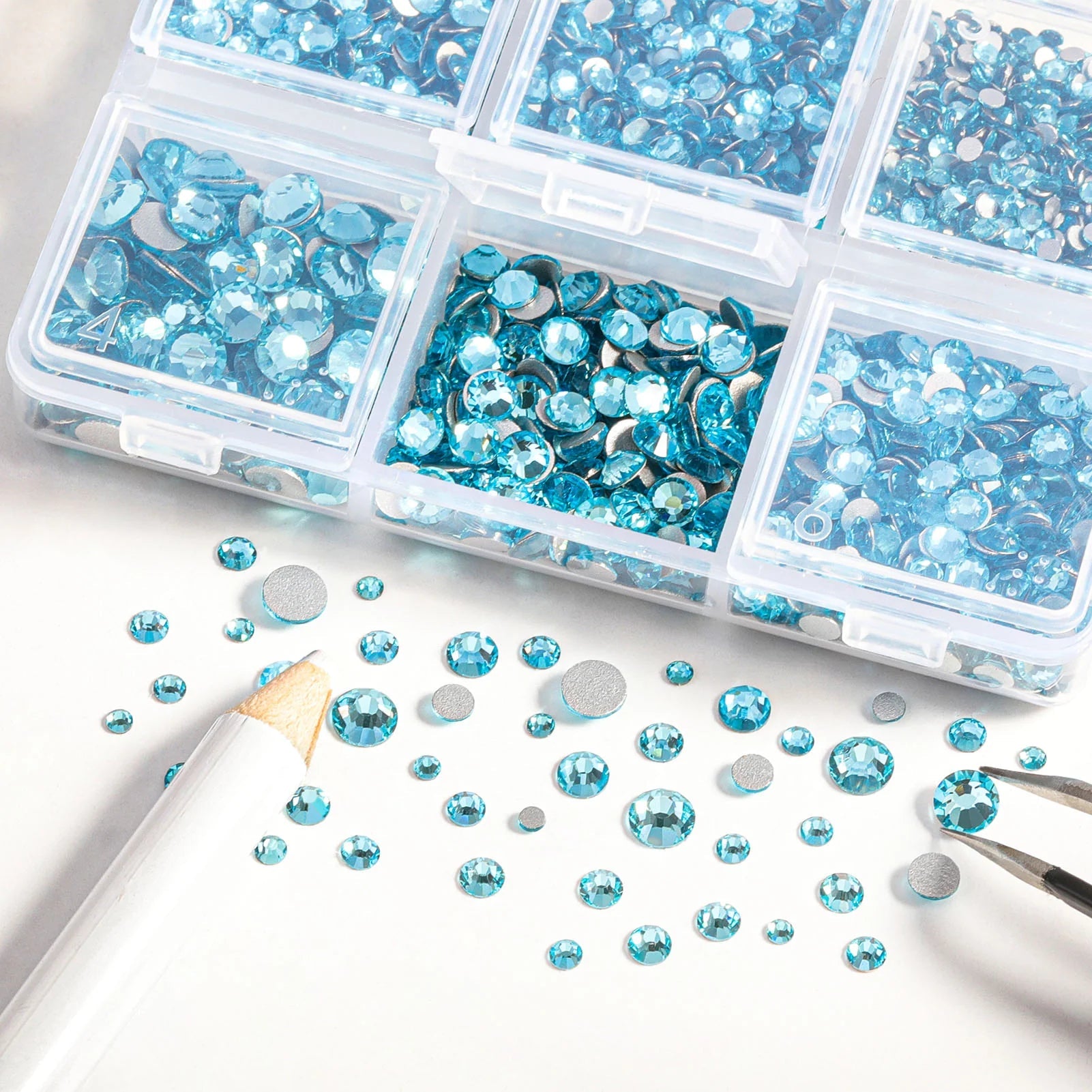 4300pcs Flatback Rhinestones, Nail Gems Round Crystal Rhinestones for Crafts,Mixed 6 Sizes with Picking Tweezers and Wax Pencil Kit- Aquamarine