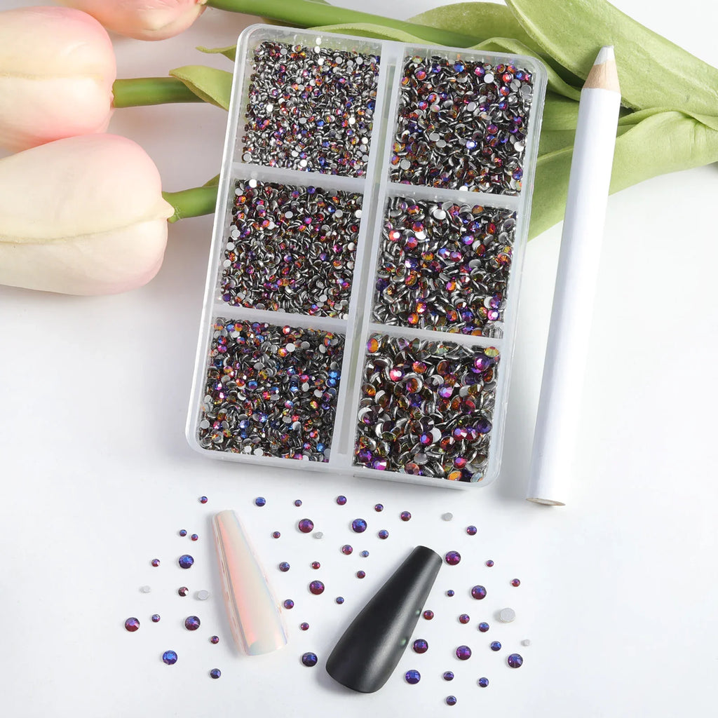 7200pcs Flatback Rhinestones,Nail Gems Round Crystal Rhinestones for Crafts,Mixed 6 Sizes with Wax Pencil Kit, SS3-SS10 -Bluevolcano