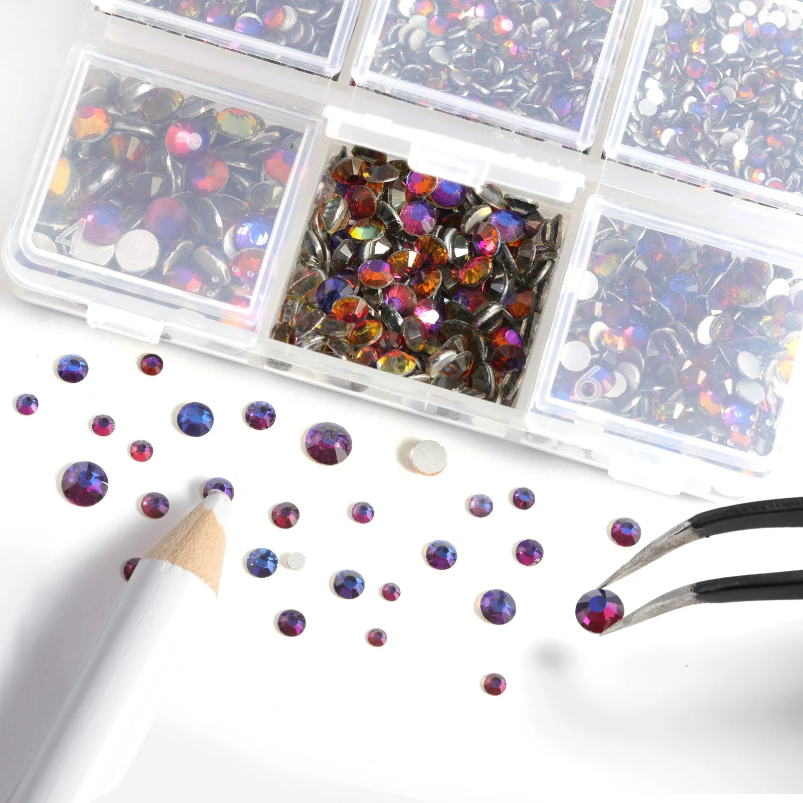 4300pcs Flatback Rhinestones, Nail Gems Round Crystal Rhinestones for Crafts,Mixed 6 Sizes with Picking Tweezers and Wax Pencil Kit-Bluevolcano