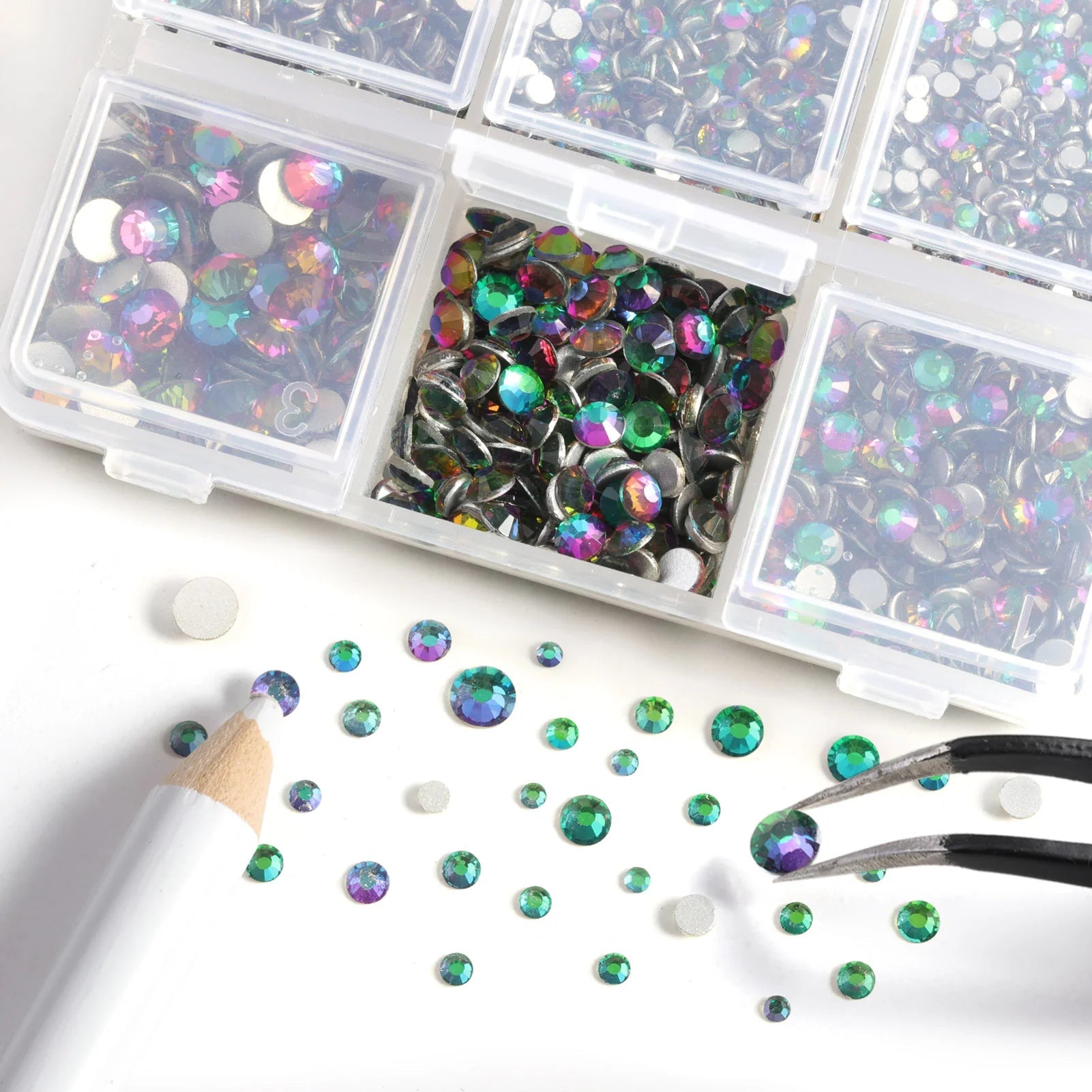 4300pcs Flatback Rhinestones, Nail Gems Round Crystal Rhinestones for Crafts,Mixed 6 Sizes with Picking Tweezers and Wax Pencil Kit-Greenvolcano