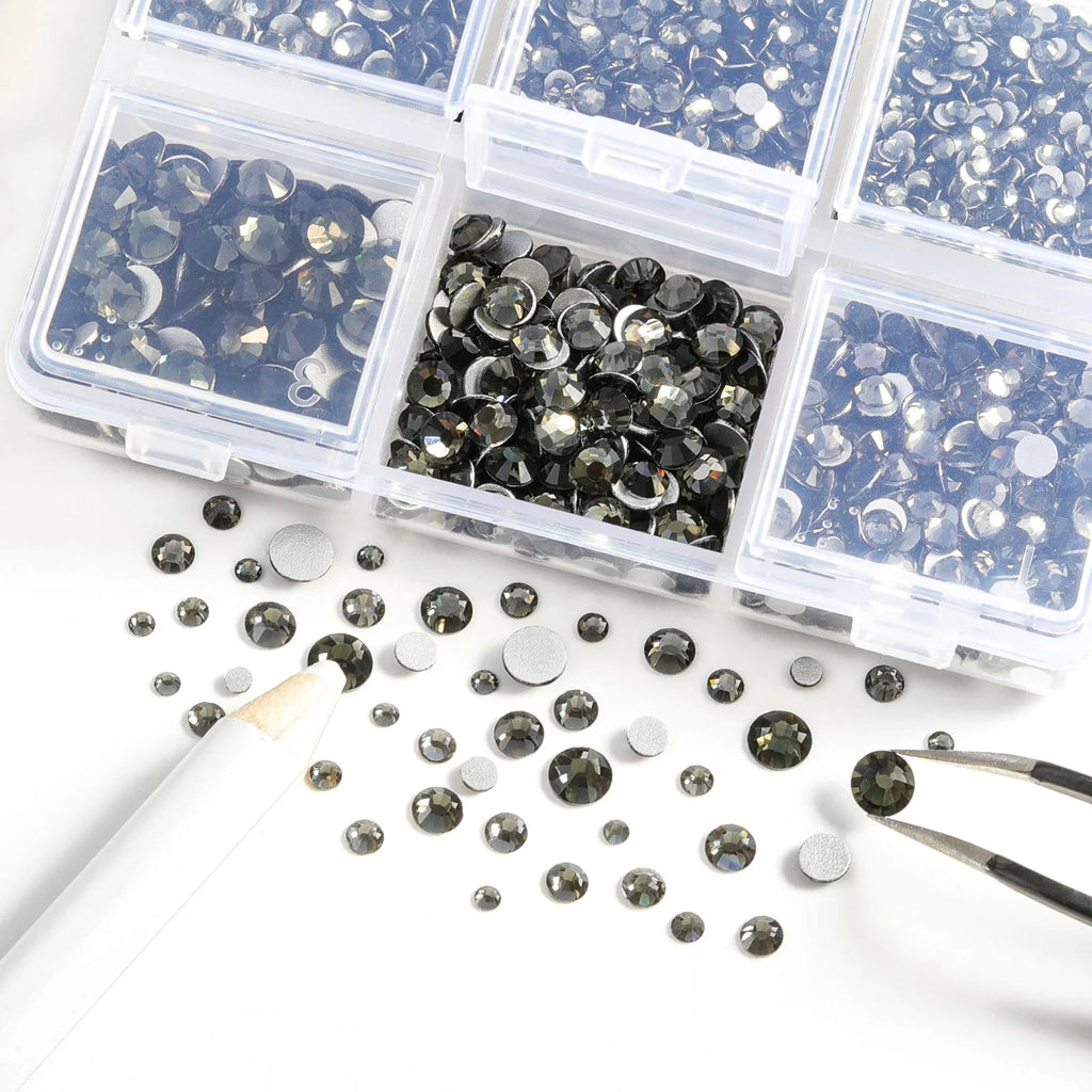 4300pcs Flatback Rhinestones, Nail Gems Round Crystal Rhinestones for Crafts,Mixed 6 Sizes with Picking Tweezers and Wax Pencil Kit- Black Diamond