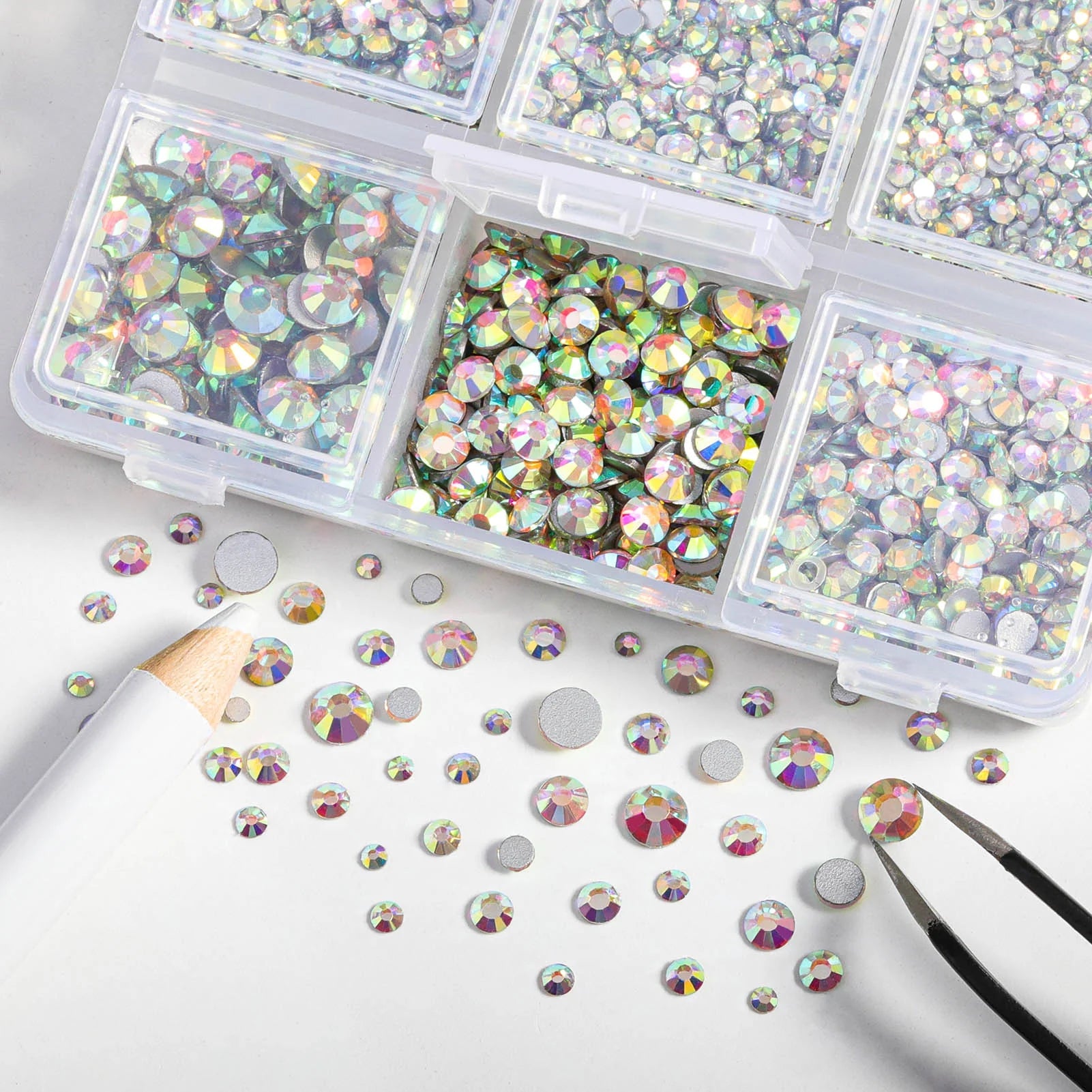 4300pcs Flatback Rhinestones, Nail Gems Round Crystal Rhinestones for Crafts,Mixed 6 Sizes with Picking Tweezers and Wax Pencil Kit- Crystal AB