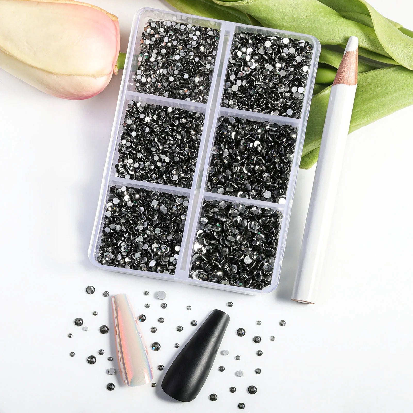 7200pcs Flatback Rhinestones,Nail Gems Round Crystal Rhinestones for Crafts,Mixed 6 Sizes with Wax Pencil Kit, SS3-SS10- Black Diamond