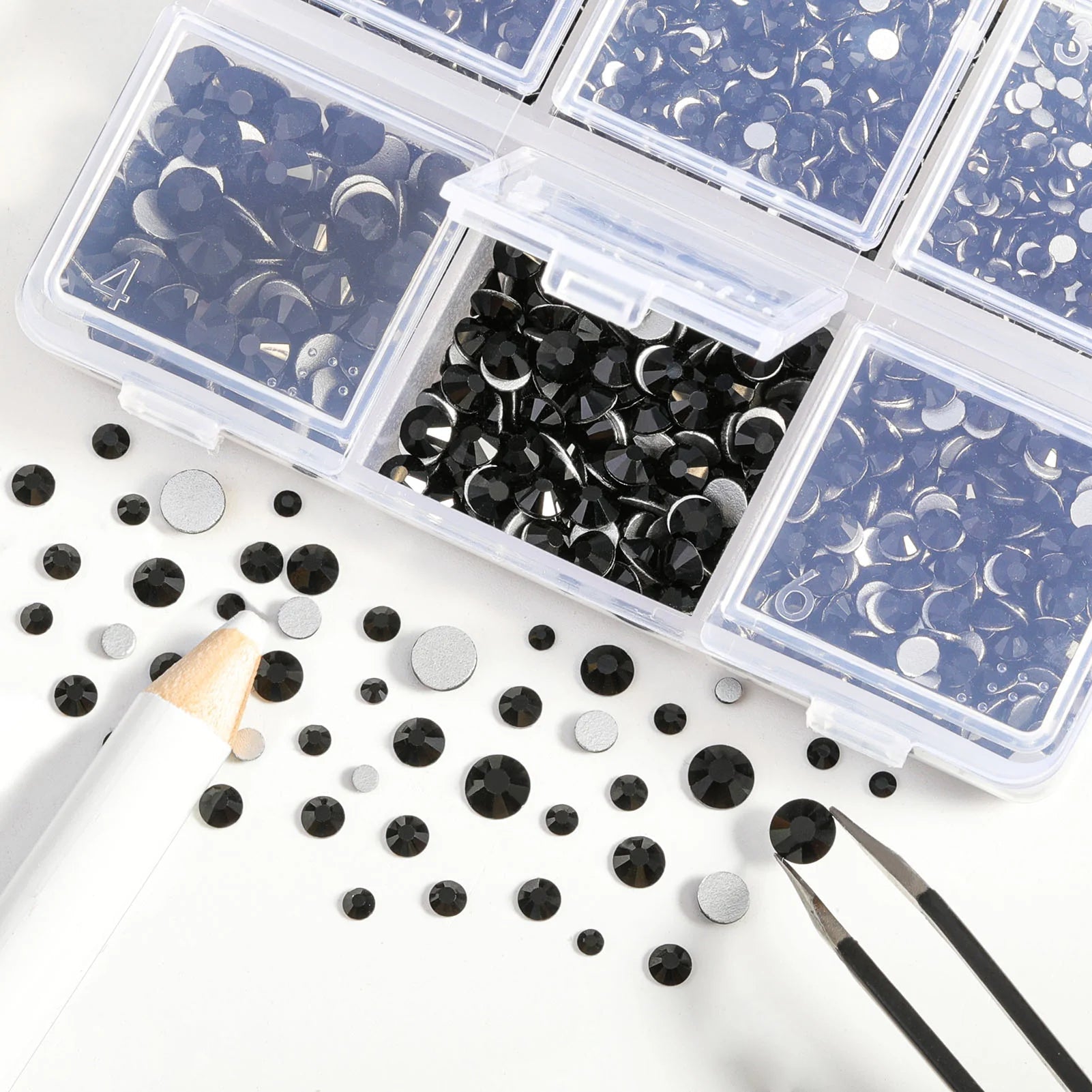 4300pcs Flatback Rhinestones, Nail Gems Round Crystal Rhinestones for Crafts,Mixed 6 Sizes with Picking Tweezers and Wax Pencil Kit- Black