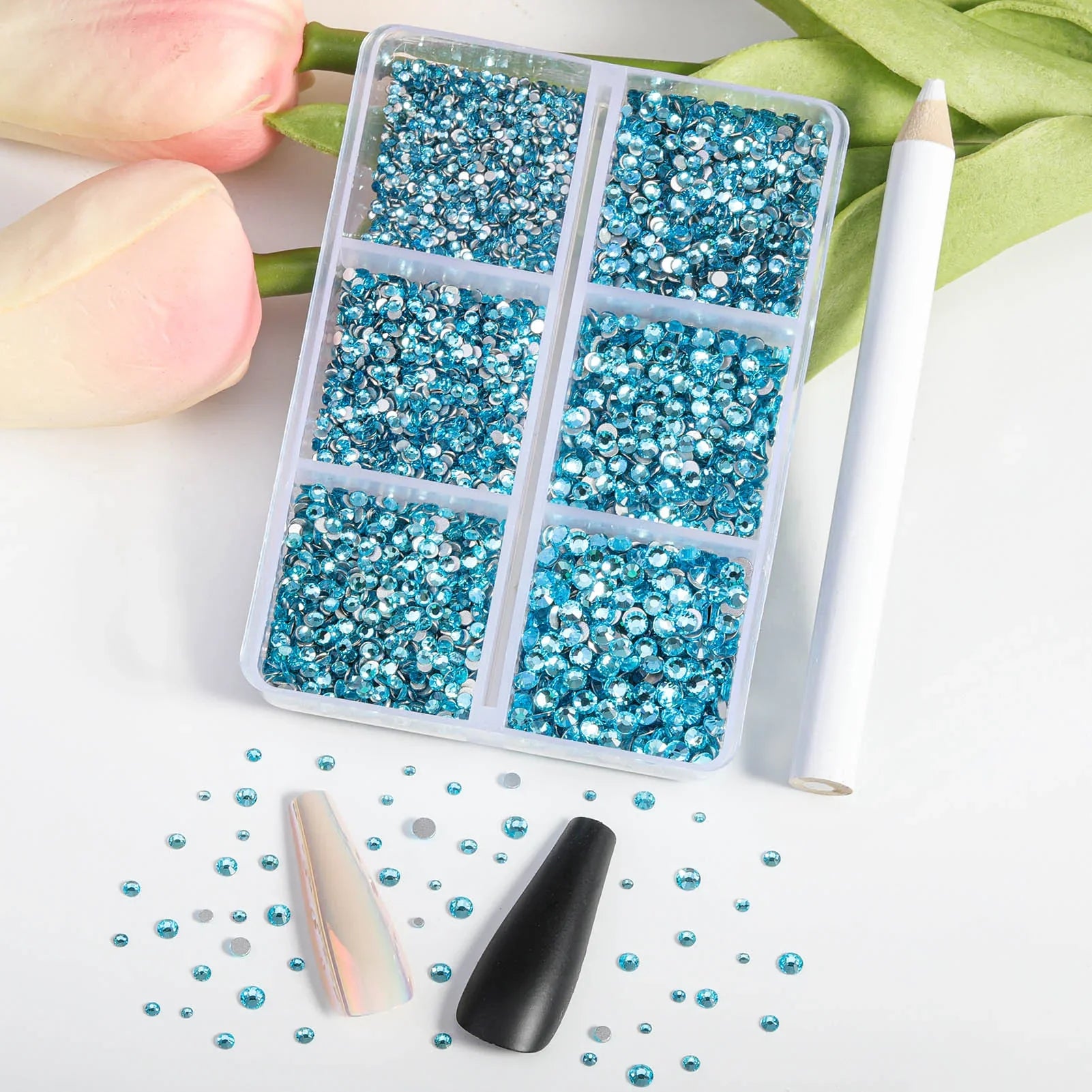 7200pcs Flatback Rhinestones,Nail Gems Round Crystal Rhinestones for Crafts,Mixed 6 Sizes with Wax Pencil Kit, SS3-SS10- Aquamarine