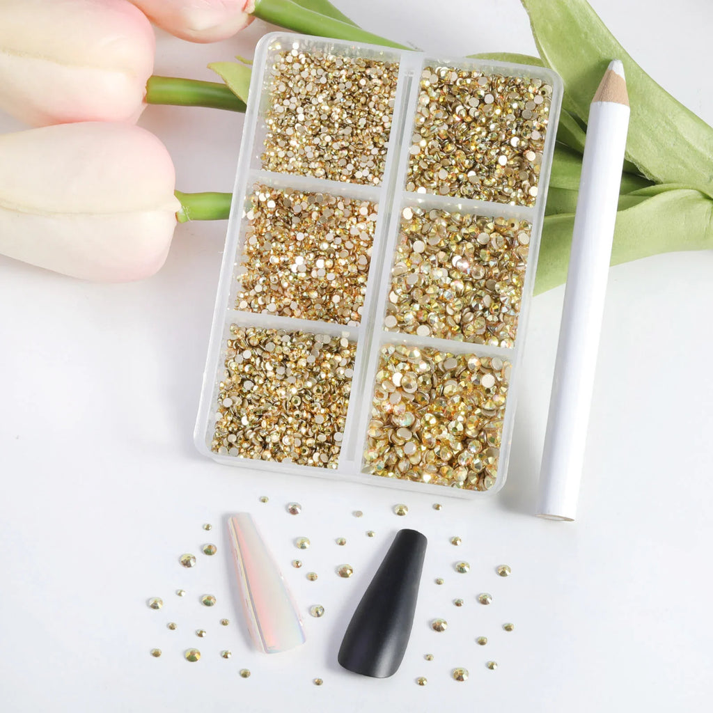 7200pcs Flatback Rhinestones,Nail Gems Round Crystal Rhinestones for Crafts,Mixed 6 Sizes with Wax Pencil Kit, SS3-SS10-Metalsunlight