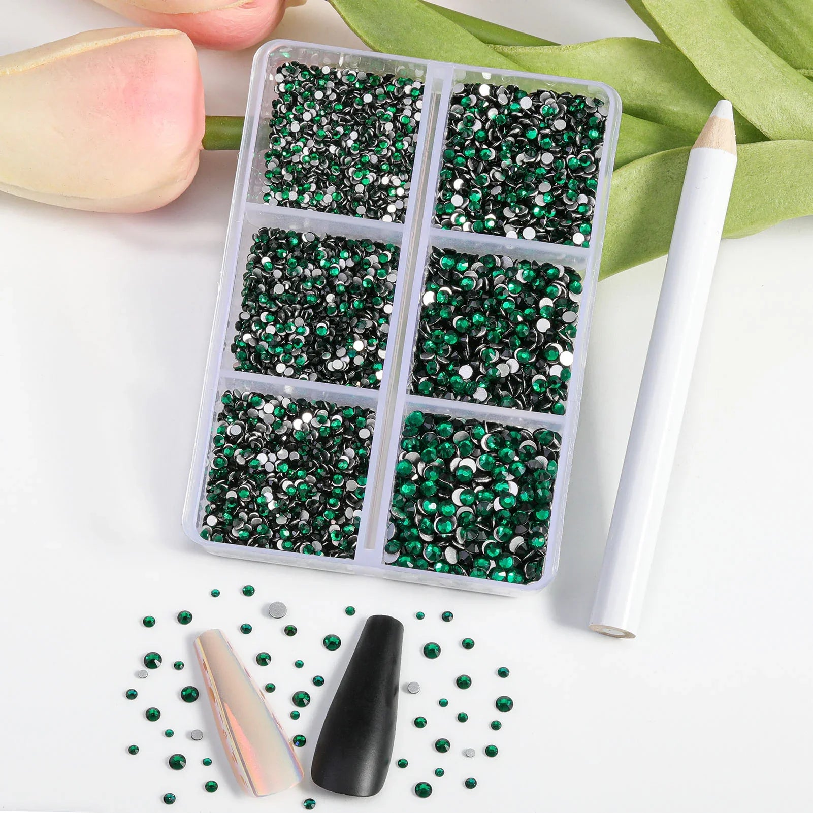 7200pcs Flatback Rhinestones,Nail Gems Round Crystal Rhinestones for Crafts,Mixed 6 Sizes with Wax Pencil Kit, SS3-SS10- Emerald