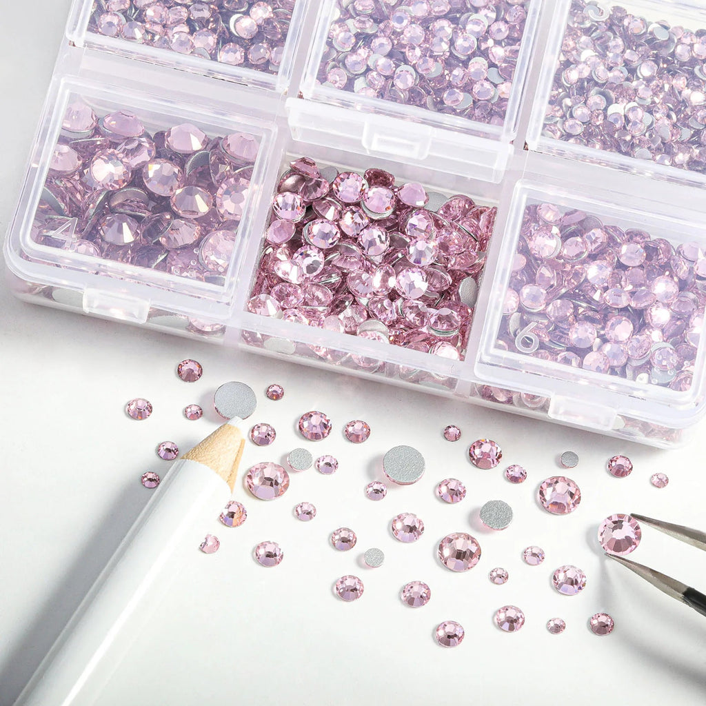 4300pcs Flatback Rhinestones, Nail Gems Round Crystal Rhinestones for Crafts,Mixed 6 Sizes with Picking Tweezers and Wax Pencil Kit- Light Pink