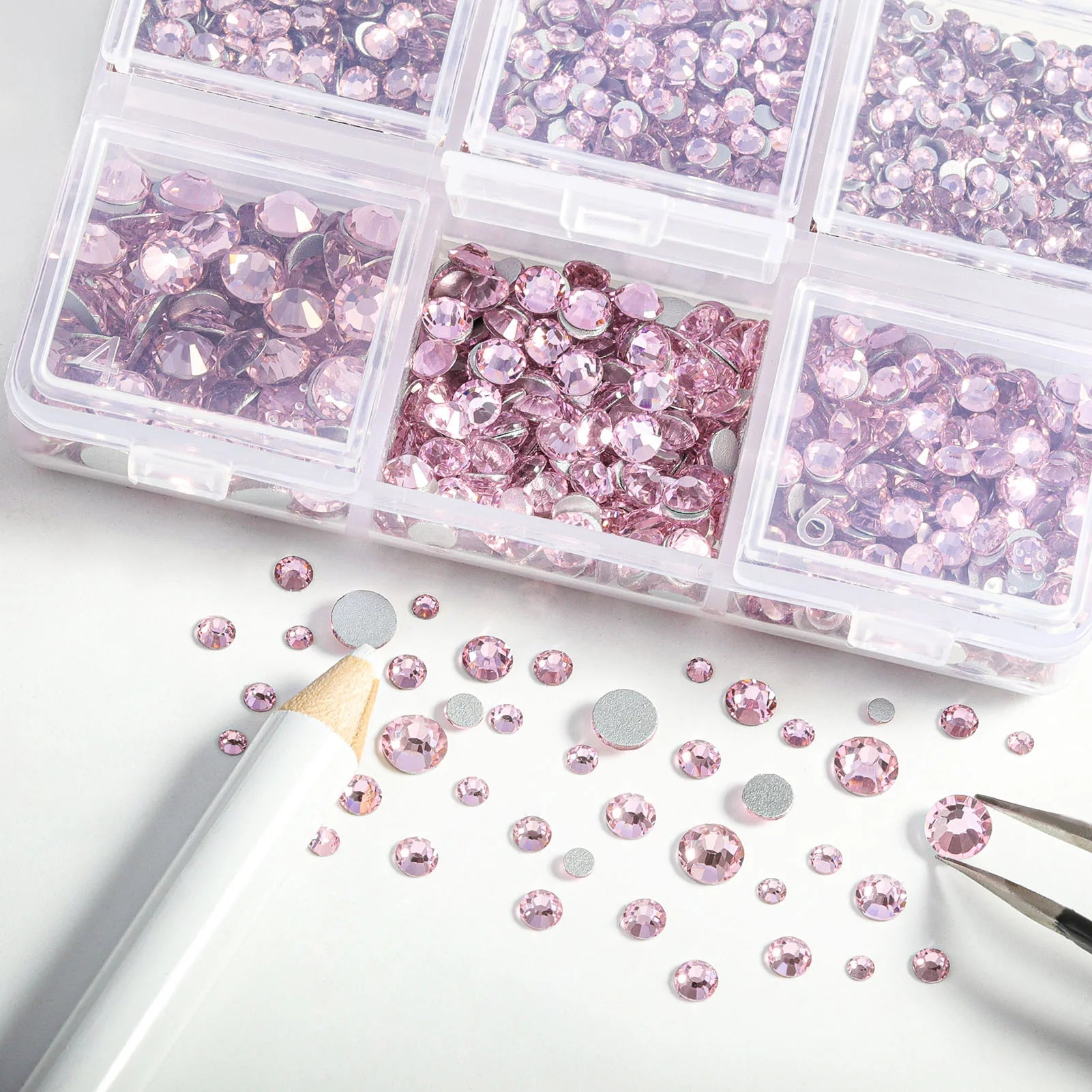 4300pcs Flatback Rhinestones, Nail Gems Round Crystal Rhinestones for Crafts,Mixed 6 Sizes with Picking Tweezers and Wax Pencil Kit- Light Pink