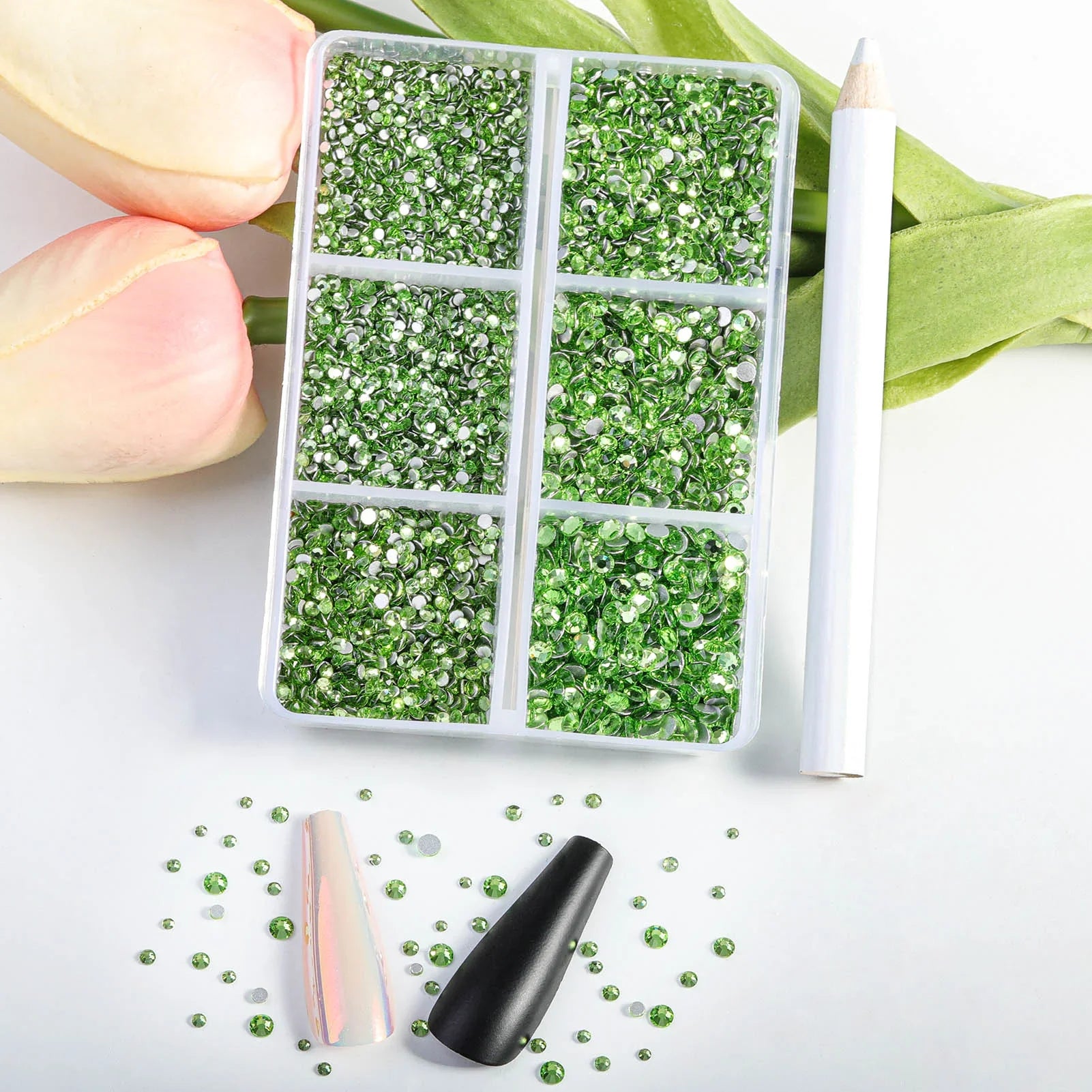 7200pcs Flatback Rhinestones,Nail Gems Round Crystal Rhinestones for Crafts,Mixed 6 Sizes with Wax Pencil Kit, SS3-SS10- Light Green