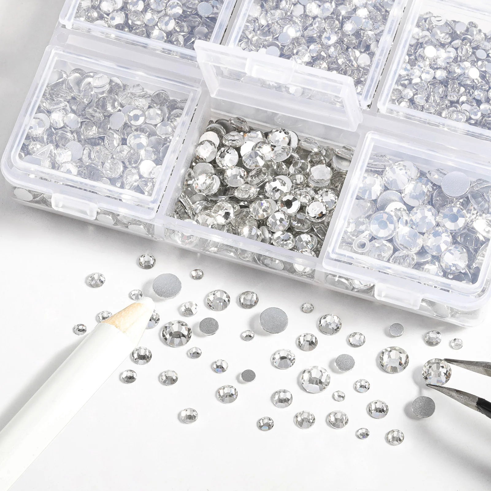 4300pcs Flatback Rhinestones, Nail Gems Round Crystal Rhinestones for Crafts,Mixed 6 Sizes with Picking Tweezers and Wax Pencil Kit- Crystal