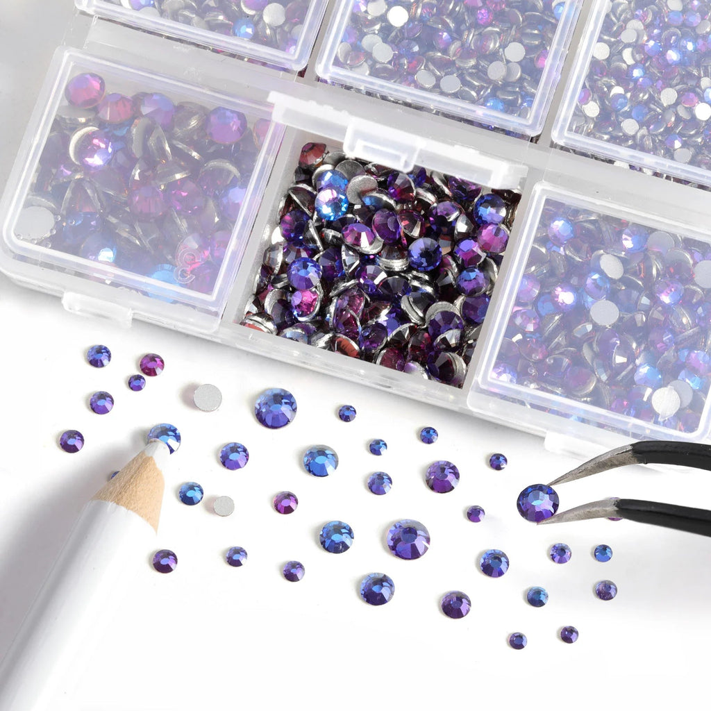 4300pcs Flatback Rhinestones, Nail Gems Round Crystal Rhinestones for Crafts,Mixed 6 Sizes with Picking Tweezers and Wax Pencil Kit-Purple Velvet