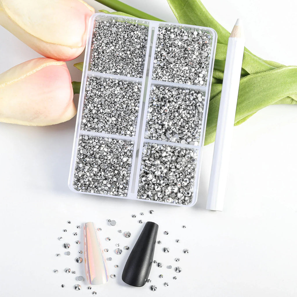 7200pcs Flatback Rhinestones,Nail Gems Round Crystal Rhinestones for Crafts,Mixed 6 Sizes with Wax Pencil Kit, SS3-SS10- Silver Hematite