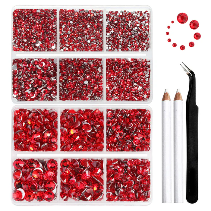 8300PCS Flatback Rhinestones, Nail Gems Round Crystal Rhinestones for Crafts, Mixed 10 Sizes with Wax Pencil and Tweezer Kit, SS3-SS30-Light Siam