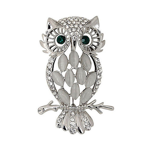 Women’s Korean Owl Brooch with Cat’s Eye Stone - Dual Gold/Silver Tone Cartoon Animal Pin for Jackets & Bags