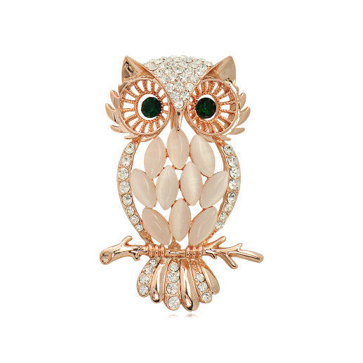 Women’s Korean Owl Brooch with Cat’s Eye Stone - Dual Gold/Silver Tone Cartoon Animal Pin for Jackets & Bags