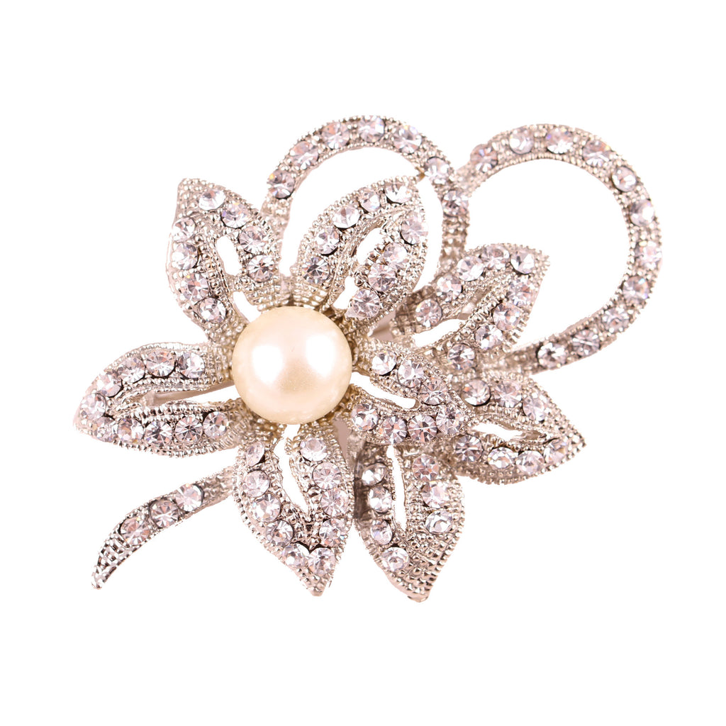 Versatile Silver Brooch - Twin Flower Pearl & Crystal Pin, Korean Fashion Eco Alloy Women's Jacket Accessory