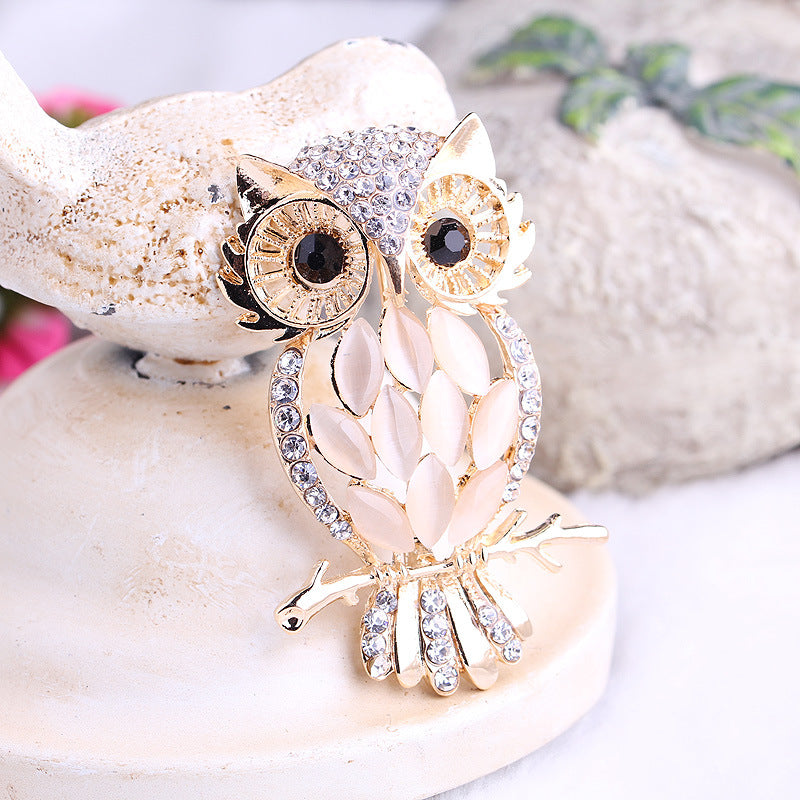 Women’s Korean Owl Brooch with Cat’s Eye Stone - Dual Gold/Silver Tone Cartoon Animal Pin for Jackets & Bags