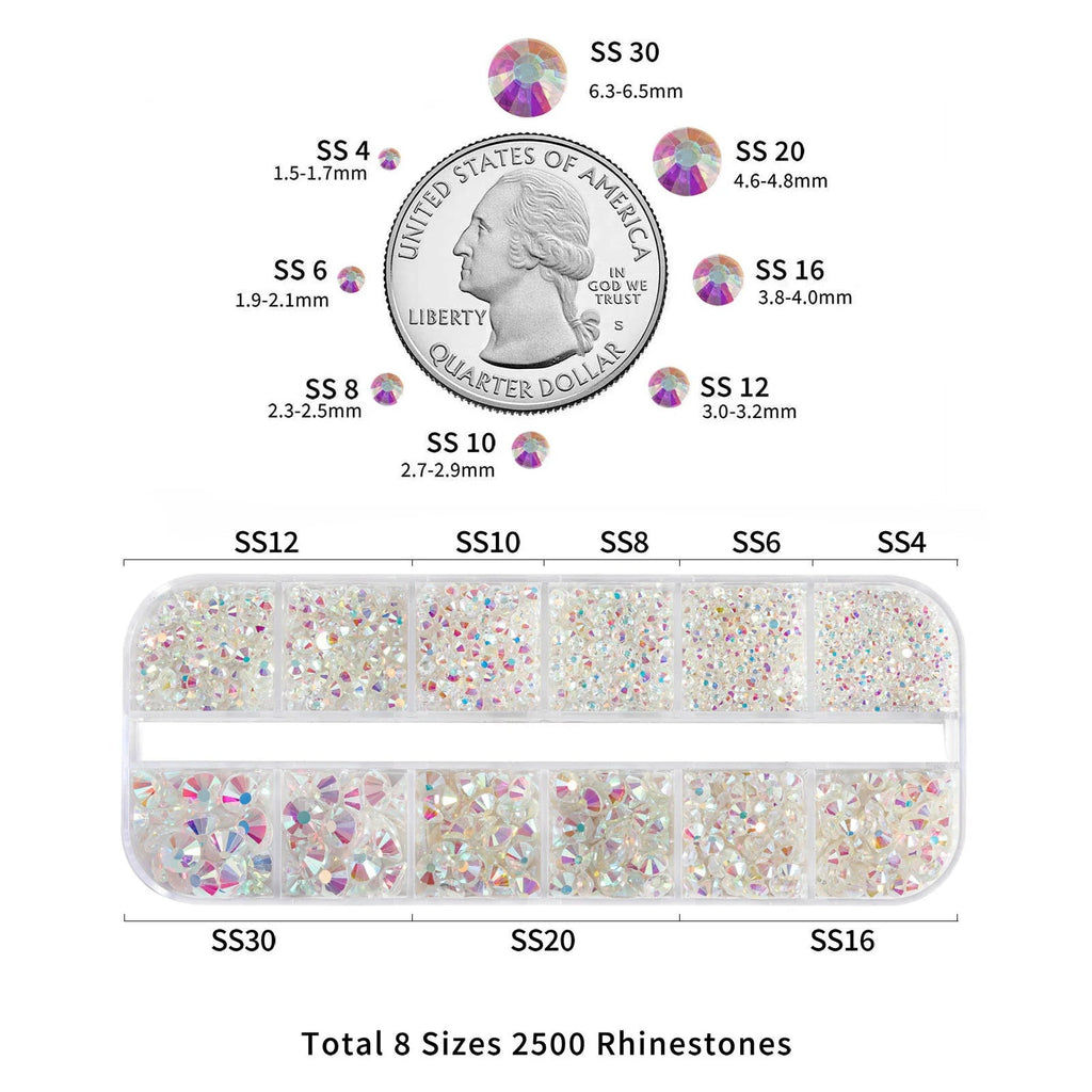 Rhinestones for Makeup,8 sizes 2500pcs Flatback Rhinestones Face Gems for Nails Crafts with Tweezers and Wax Pencil- Transparent AB