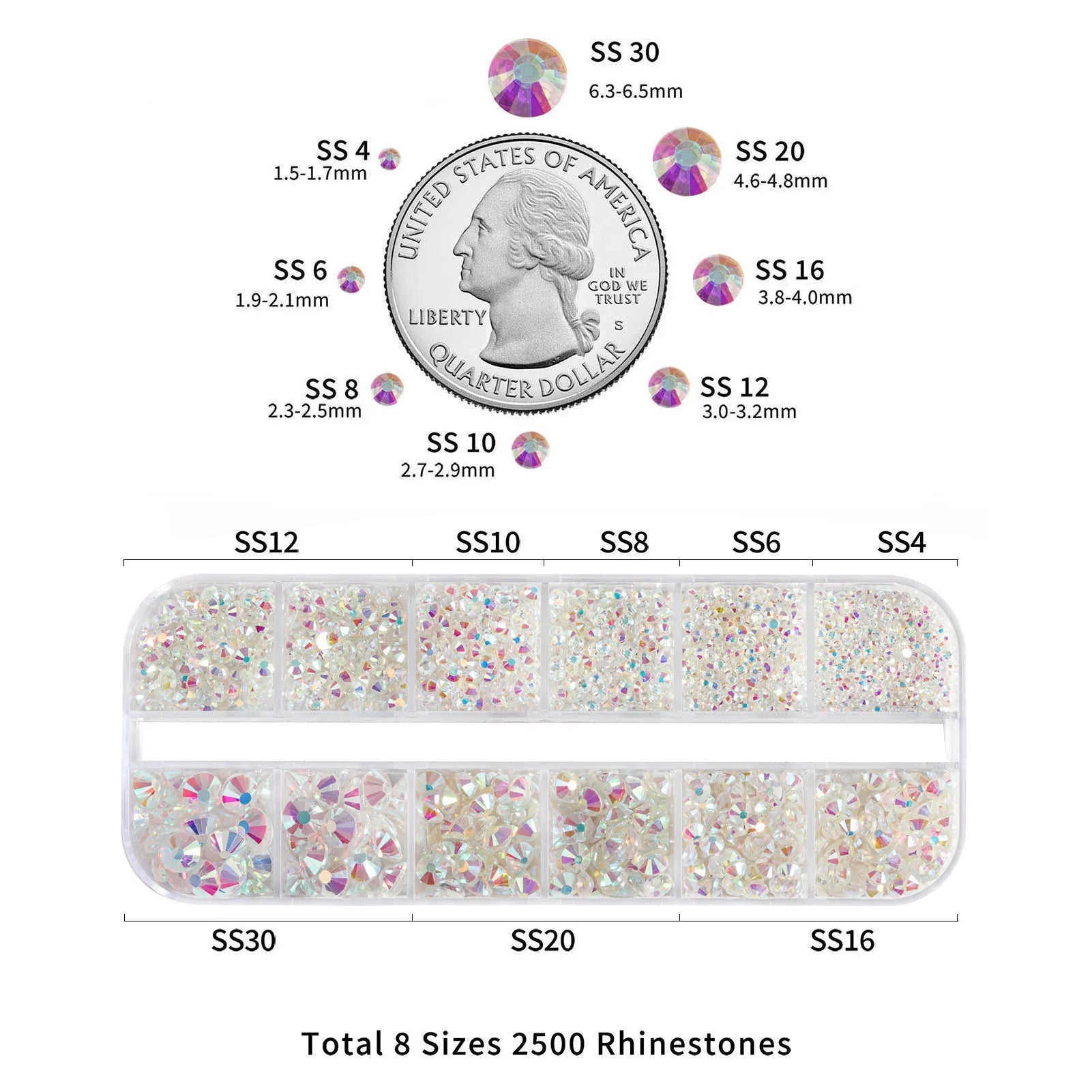 Rhinestones for Makeup,8 sizes 2500pcs Flatback Rhinestones Face Gems for Nails Crafts with Tweezers and Wax Pencil- Transparent AB