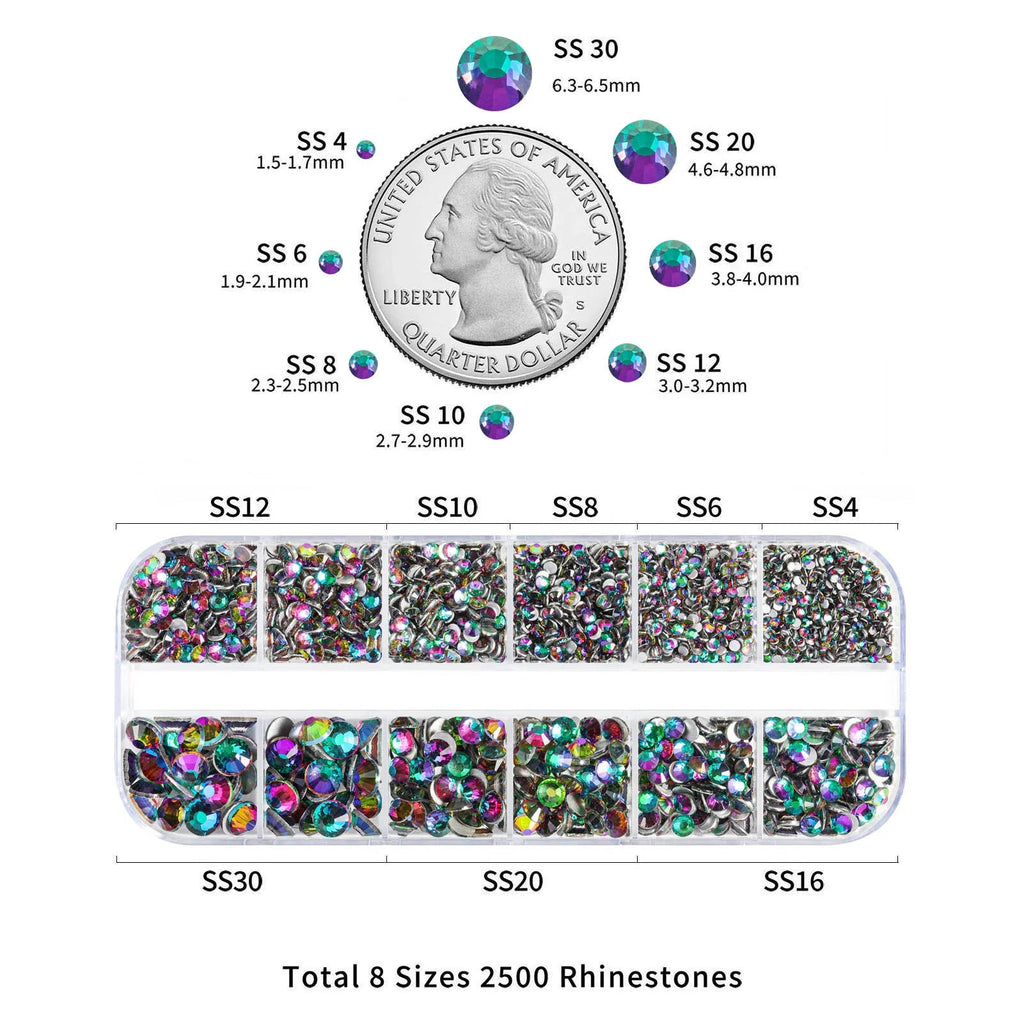 Rhinestones for Makeup,8 sizes 2500pcs Flatback Rhinestones Face Gems for Nails Crafts with Tweezers and Wax Pencil- Green Volcano