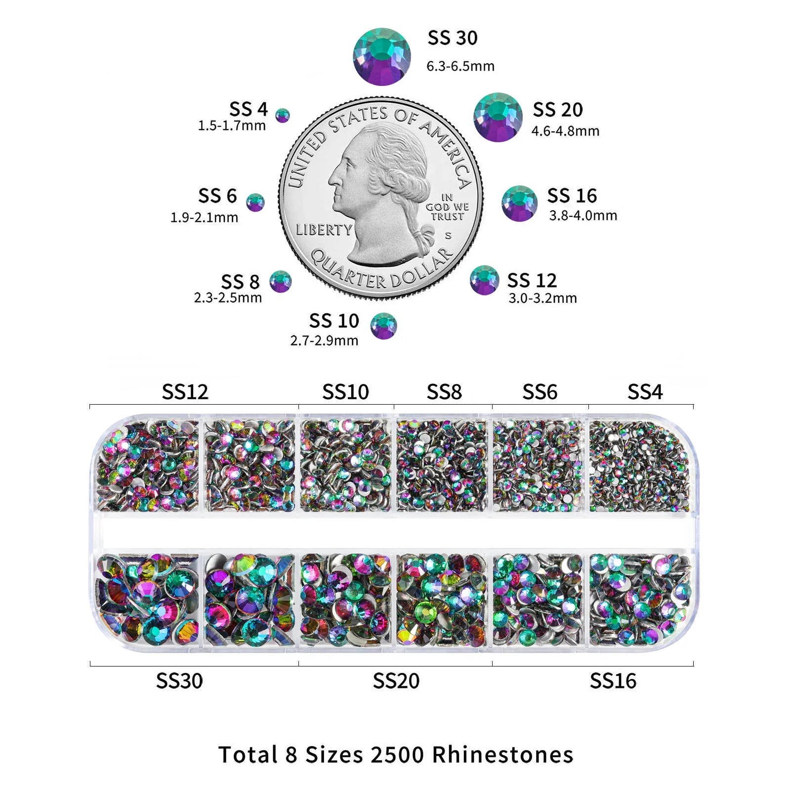 Rhinestones for Makeup,8 sizes 2500pcs Flatback Rhinestones Face Gems for Nails Crafts with Tweezers and Wax Pencil- Green Volcano