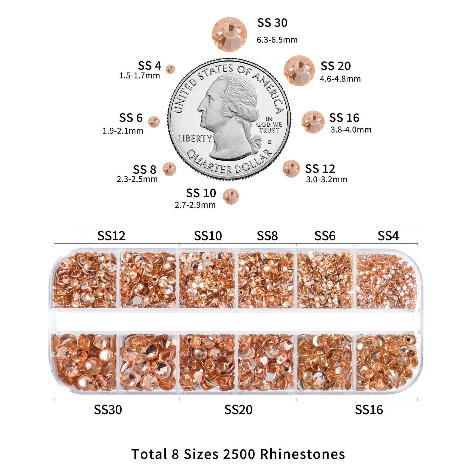 Rhinestones for Makeup,8 sizes 2500pcs Flatback Rhinestones Face Gems for Nails Crafts with Tweezers and Wax Pencil- Light Peach