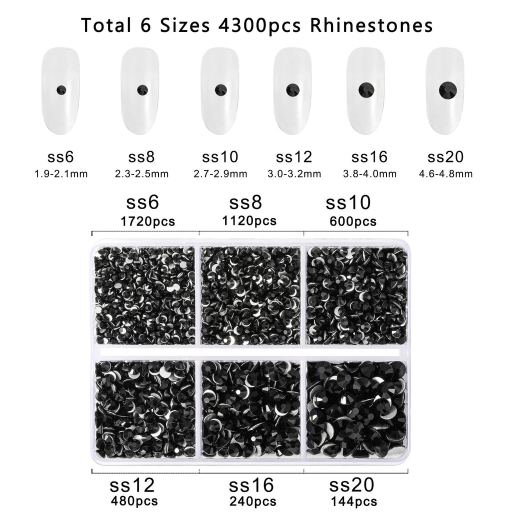 4300pcs Flatback Rhinestones, Nail Gems Round Crystal Rhinestones for Crafts,Mixed 6 Sizes with Picking Tweezers and Wax Pencil Kit- Black