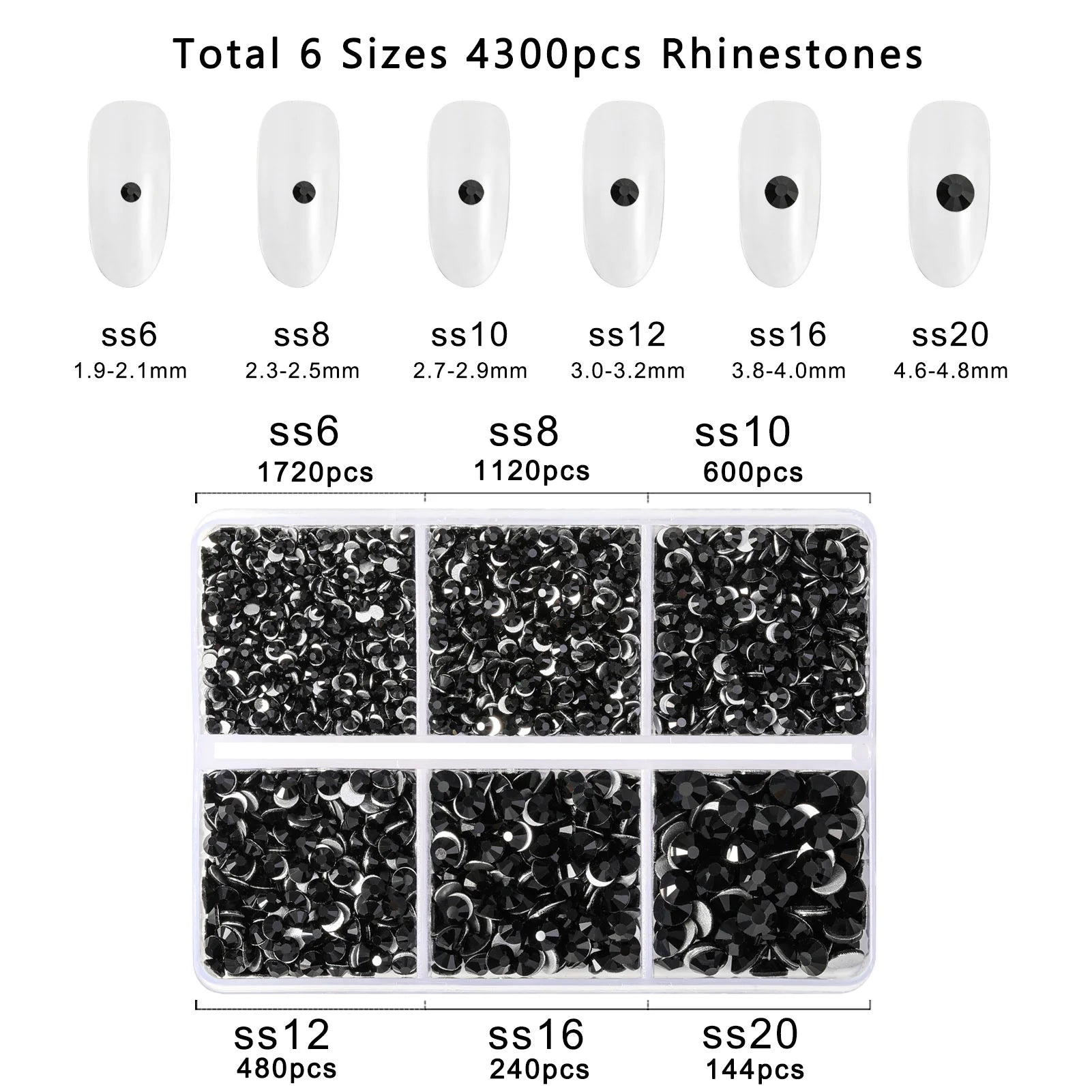4300pcs Flatback Rhinestones, Nail Gems Round Crystal Rhinestones for Crafts,Mixed 6 Sizes with Picking Tweezers and Wax Pencil Kit- Black