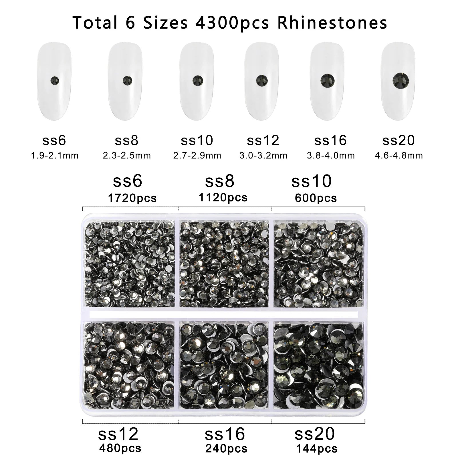 4300pcs Flatback Rhinestones, Nail Gems Round Crystal Rhinestones for Crafts,Mixed 6 Sizes with Picking Tweezers and Wax Pencil Kit- Black Diamond