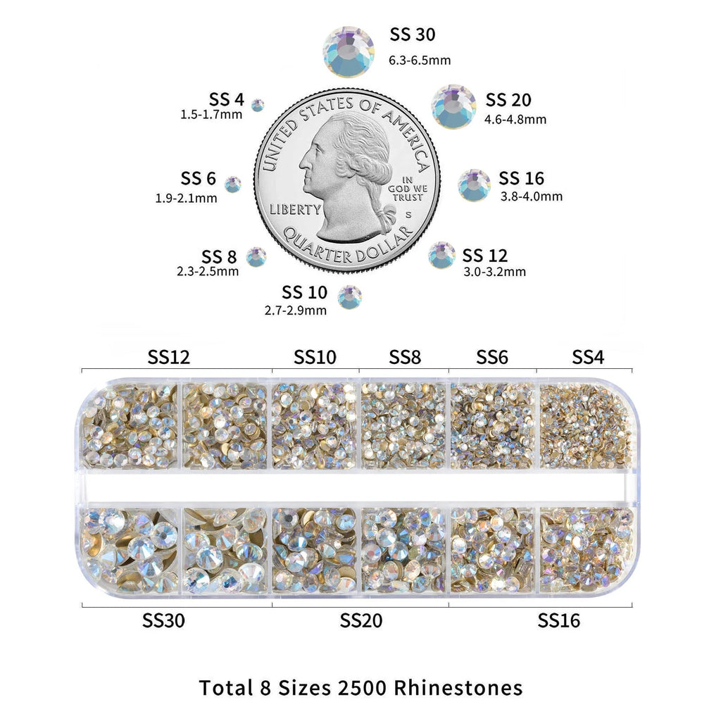 Rhinestones for Makeup,8 sizes 2500pcs Flatback Rhinestones Face Gems for Nails Crafts with Tweezers and Wax Pencil- Blue Moonlight