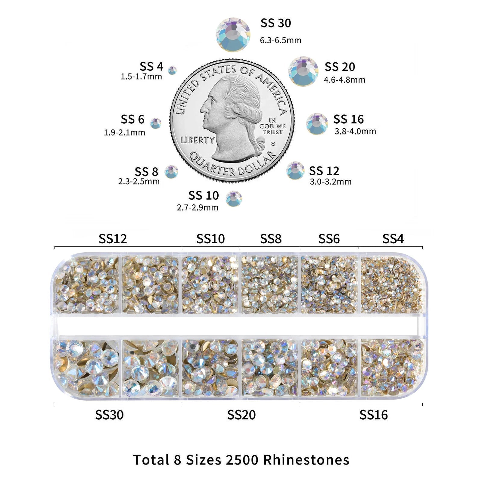 Rhinestones for Makeup,8 sizes 2500pcs Flatback Rhinestones Face Gems for Nails Crafts with Tweezers and Wax Pencil- Blue Moonlight