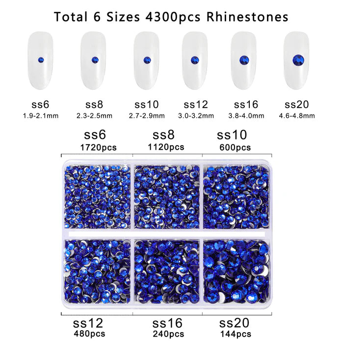 4300pcs Flatback Rhinestones, Nail Gems Round Crystal Rhinestones for Crafts,Mixed 6 Sizes with Picking Tweezers and Wax Pencil Kit- Sapphire