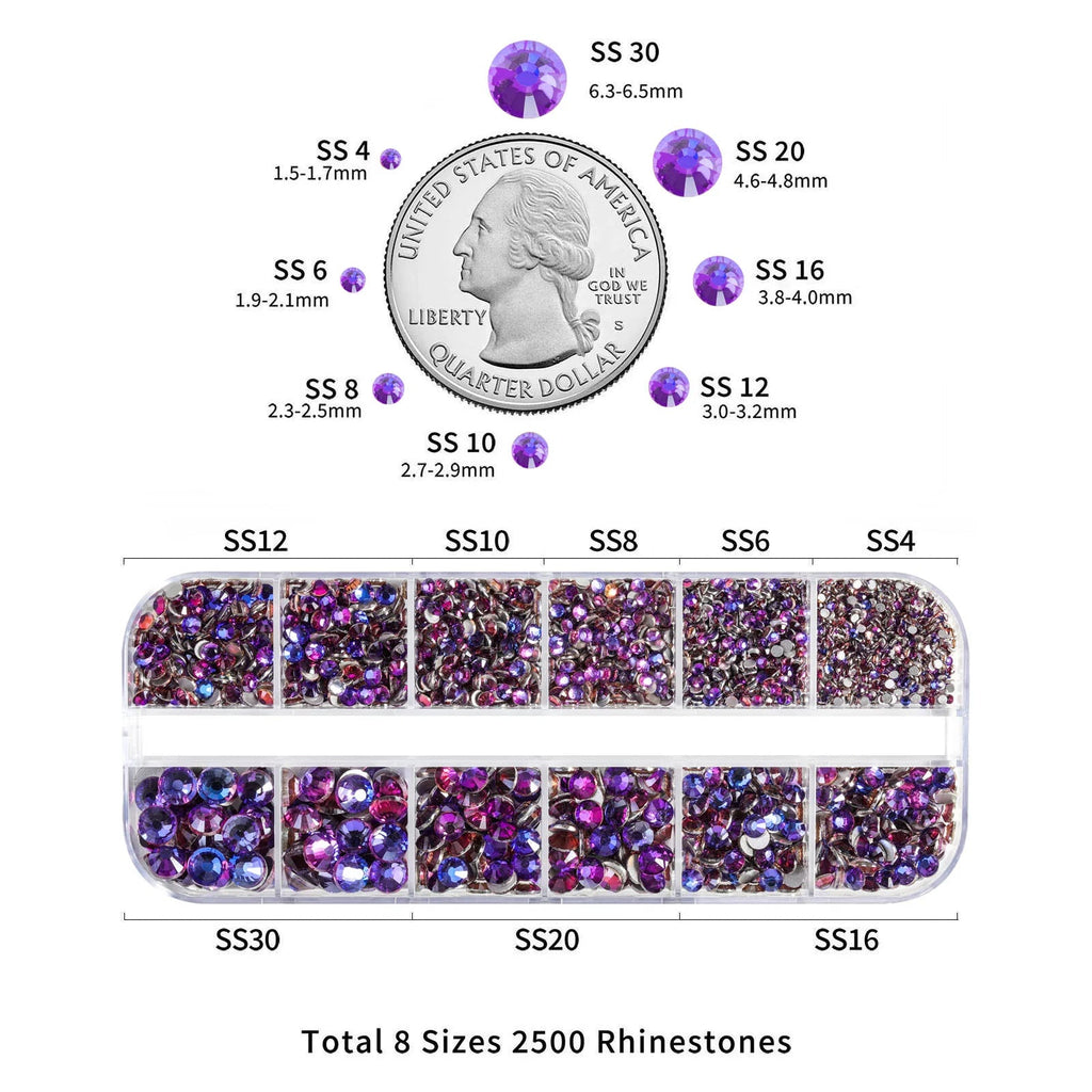 Rhinestones for Makeup,8 sizes 2500pcs Flatback Rhinestones Face Gems for Nails Crafts with Tweezers and Wax Pencil- Purple Velvet