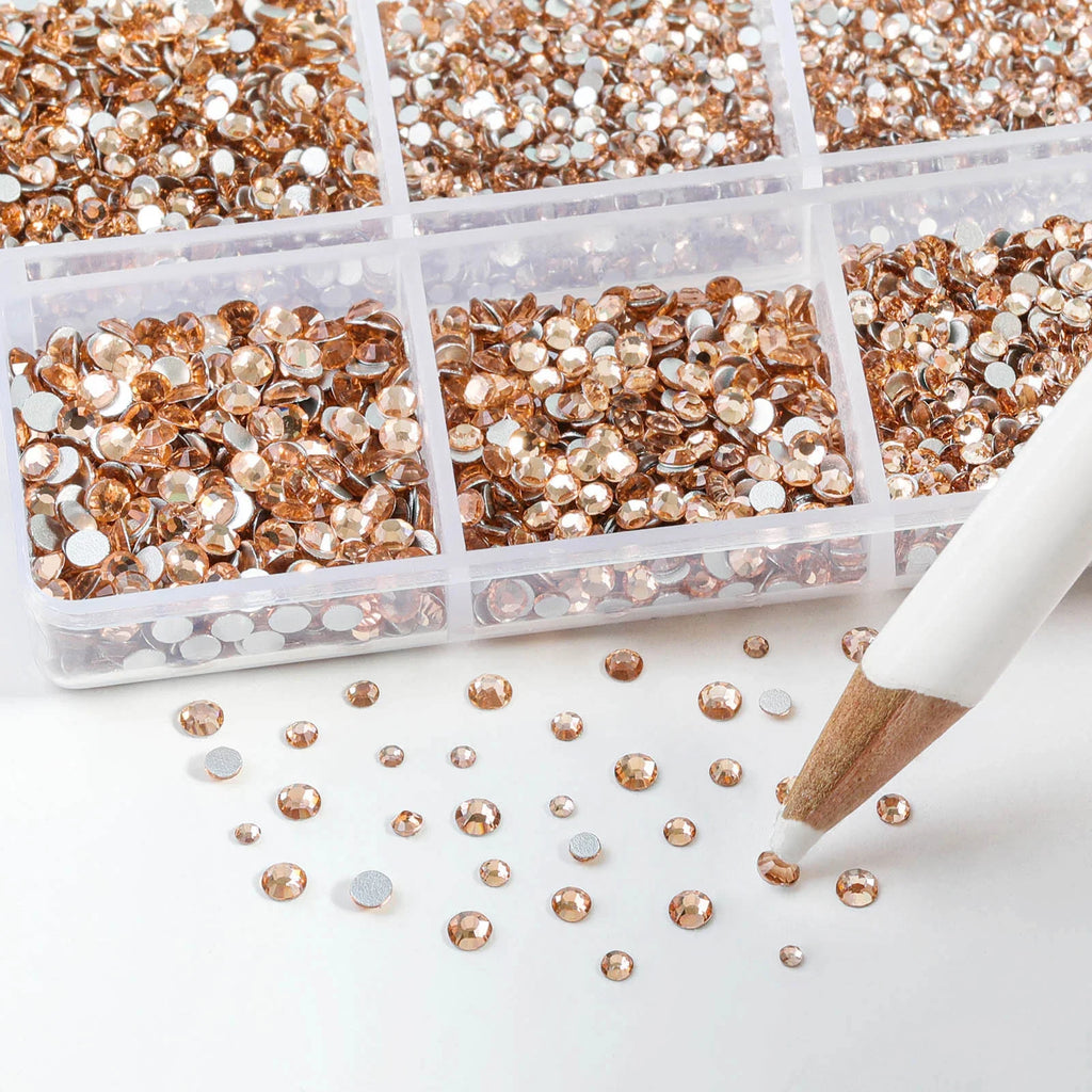 7200pcs Flatback Rhinestones,Nail Gems Round Crystal Rhinestones for Crafts,Mixed 6 Sizes with Wax Pencil Kit, SS3-SS10- Light Peach