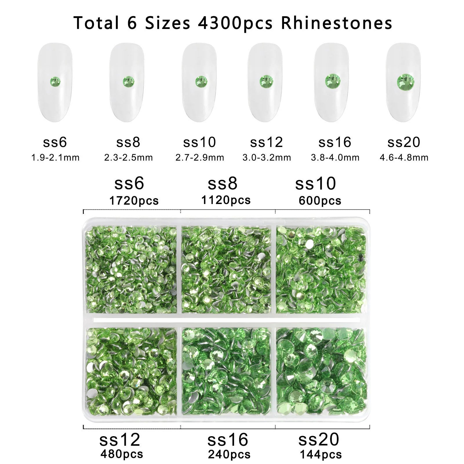 4300pcs Flatback Rhinestones, Nail Gems Round Crystal Rhinestones for Crafts,Mixed 6 Sizes with Picking Tweezers and Wax Pencil Kit -lightgreen