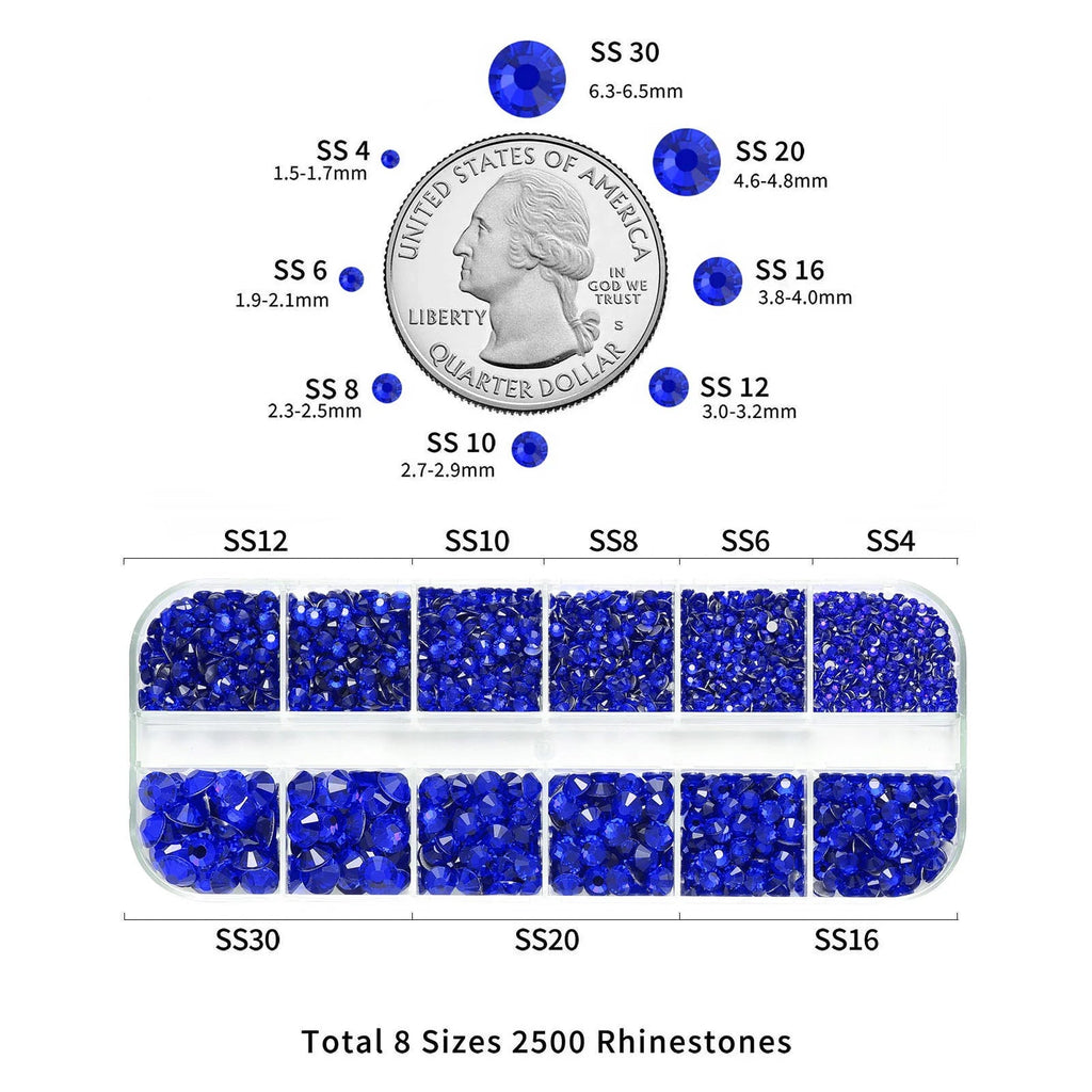Rhinestones for Makeup,8 sizes 2500pcs Flatback Rhinestones Face Gems for Nails Crafts with Tweezers and Wax Pencil- Sapphire
