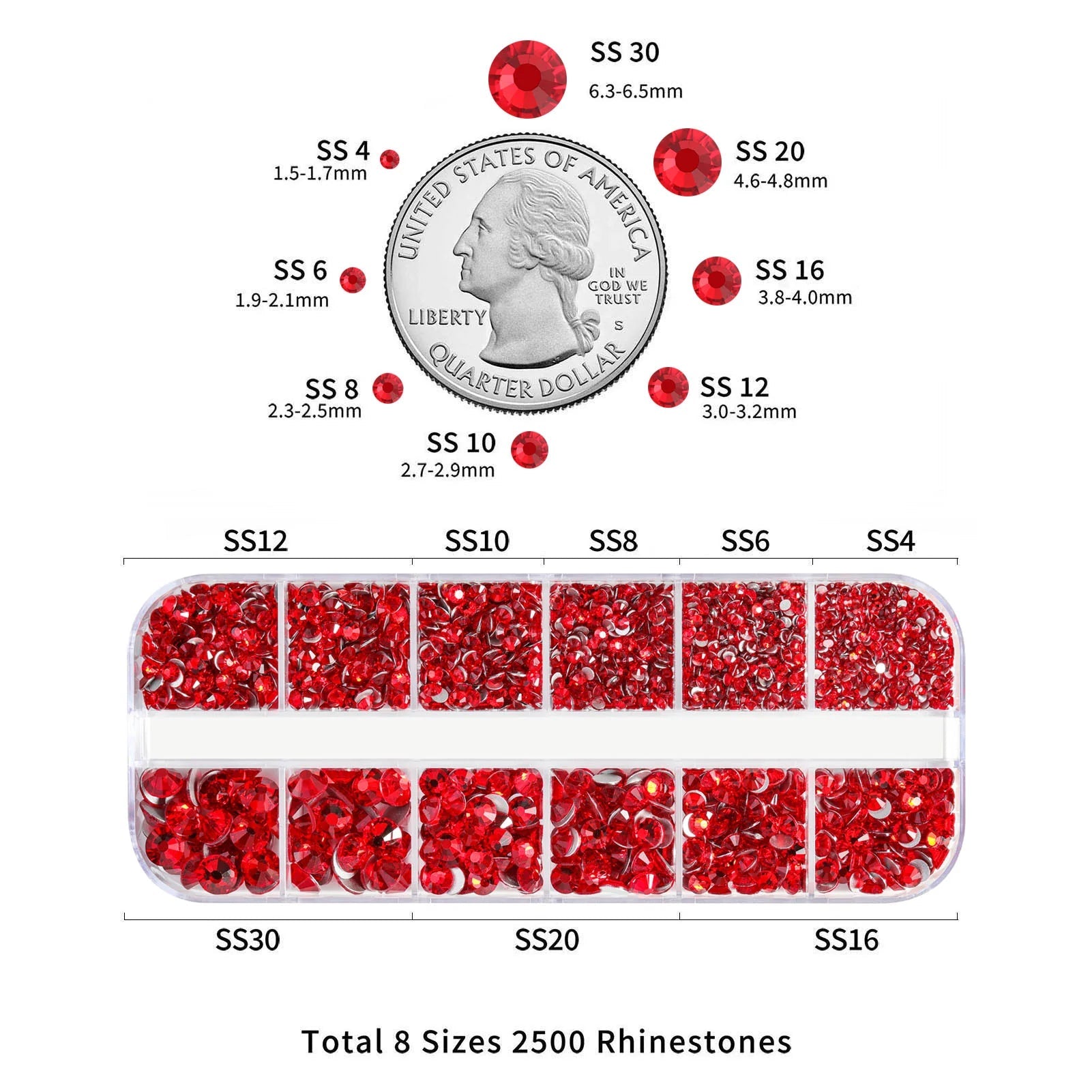 Rhinestones for Makeup,8 sizes 2500pcs Flatback Rhinestones Face Gems for Nails Crafts with Tweezers and Wax Pencil- Light Siam