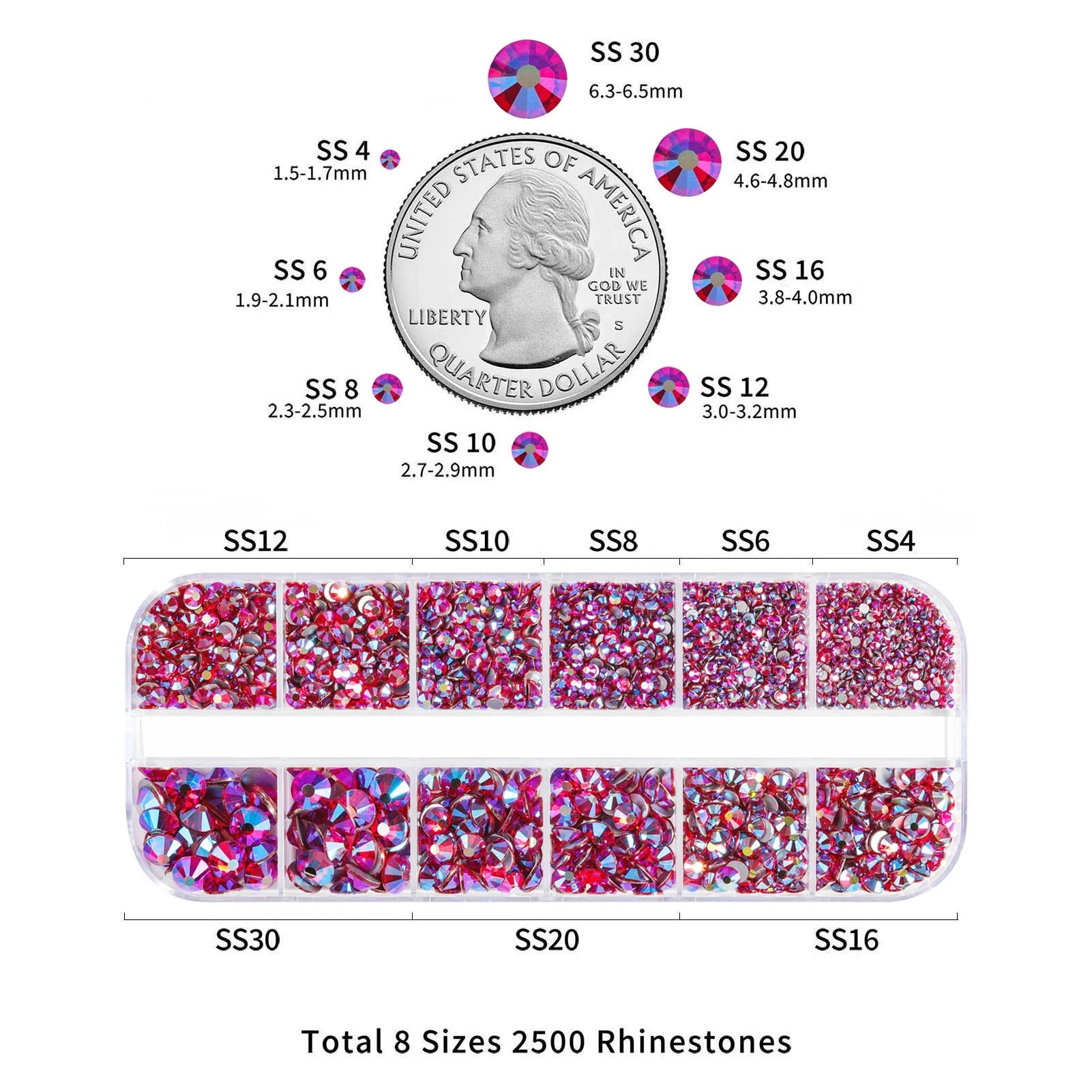 Rhinestones for Makeup,8 sizes 2500pcs Flatback Rhinestones Face Gems for Nails Crafts with Tweezers and Wax Pencil- Light SiamAB