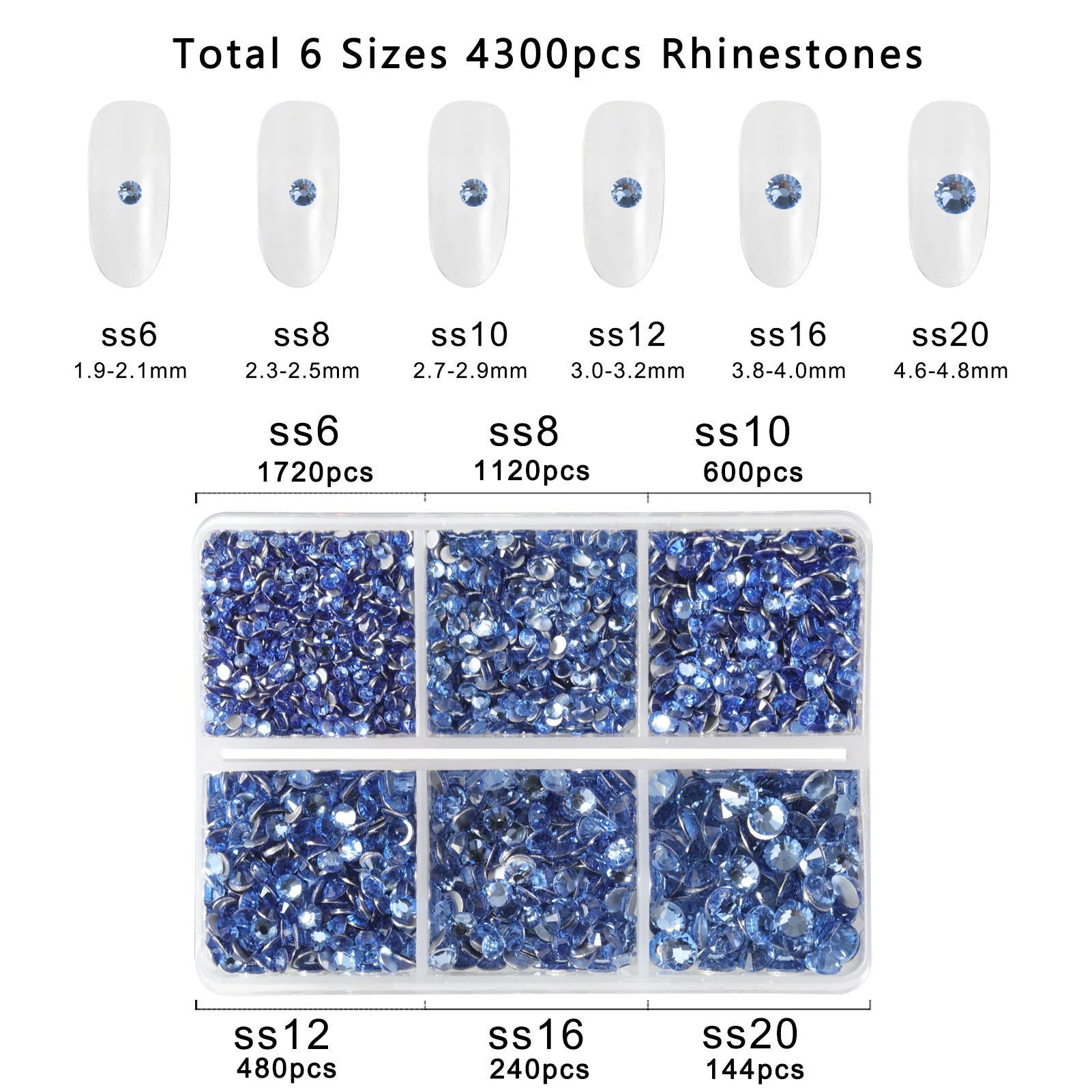 4300pcs Flatback Rhinestones, Nail Gems Round Crystal Rhinestones for Crafts,Mixed 6 Sizes with Picking Tweezers and Wax Pencil Kit-Light sapphire