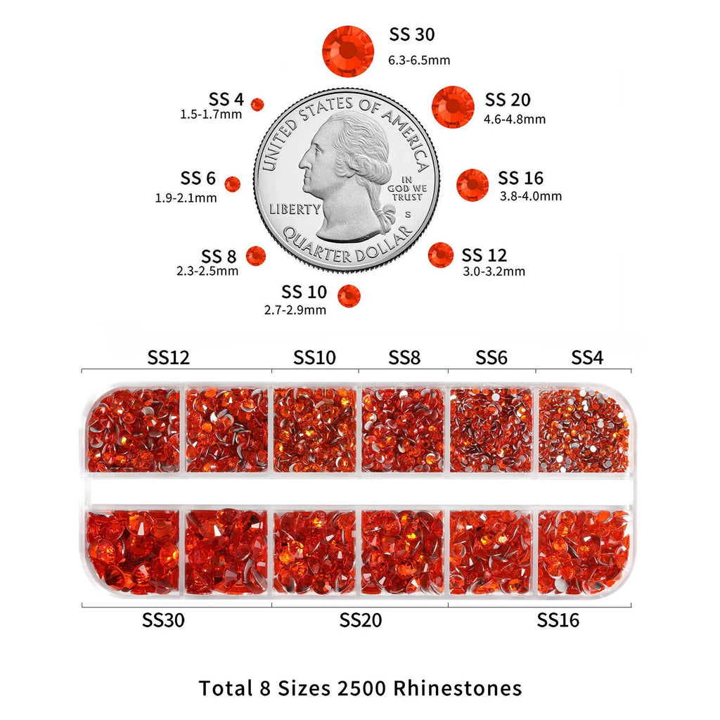 Rhinestones for Makeup,8 sizes 2500pcs Flatback Rhinestones Face Gems for Nails Crafts with Tweezers and Wax Pencil- Orange